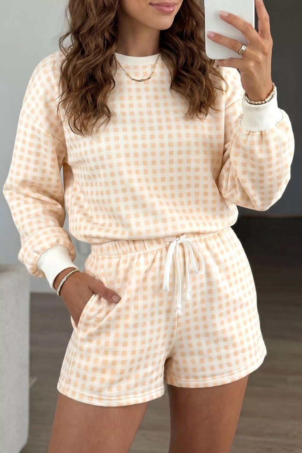 Gingham Long Sleeve Sweatshirt and Shorts Set – Pastel Yellow - photo 6