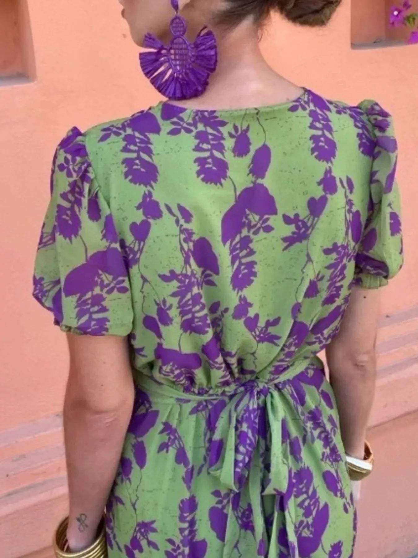 Full Size V-Neck Puff Sleeve Floral Print Dress Plus Size Secondary image