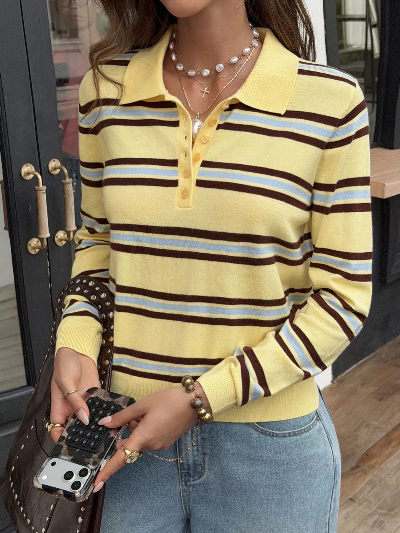 Striped Polo Collar Knit Top Secondary image
