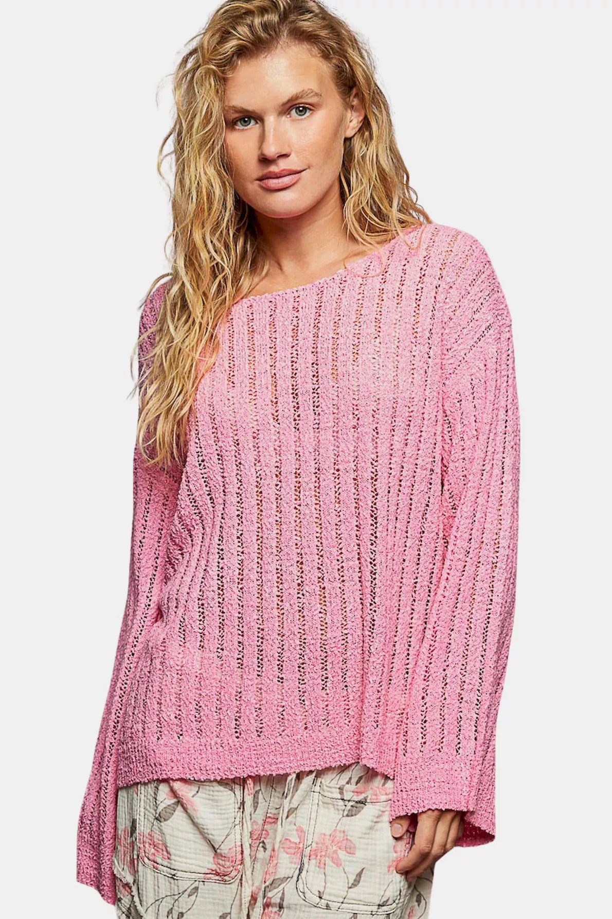 POL Round Neck Long Sleeve Open Weave Sweater Secondary image