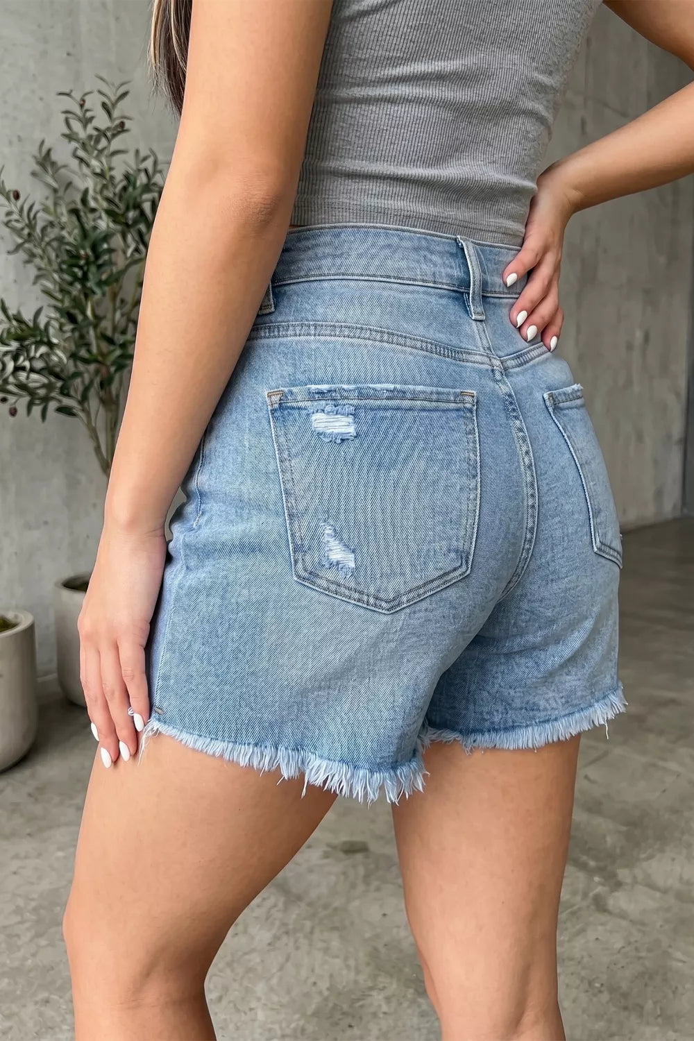 Asymmetric Raw Hem Distressed Whiskery Denim Shorts Secondary image