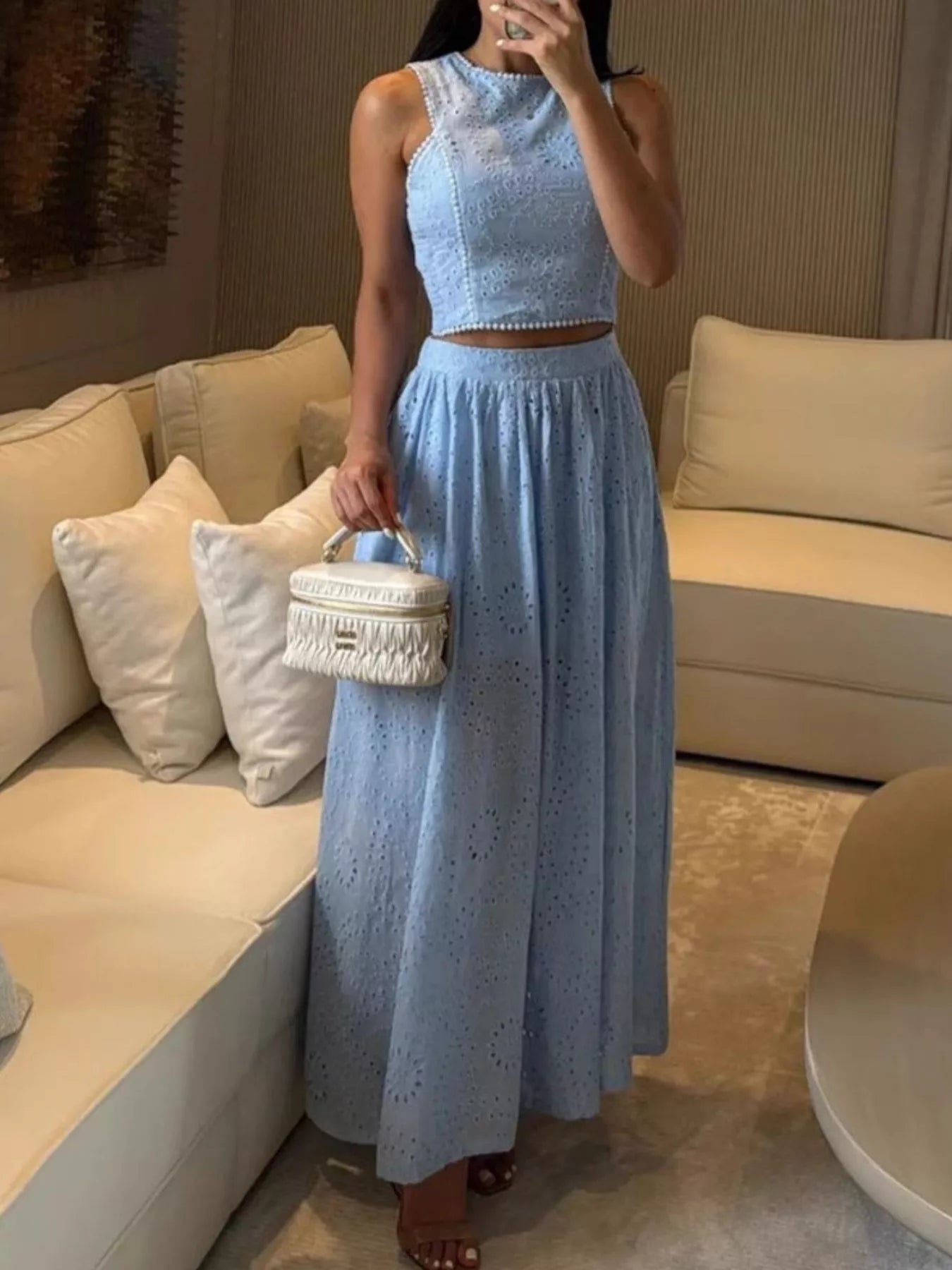 Eyelet Crop Top and Maxi Skirt Set Secondary image