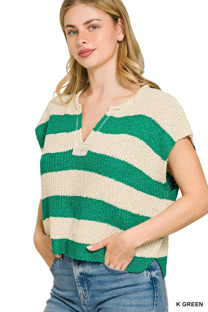 Zenana Split Neck Stripe Sleevless Sweater Secondary image