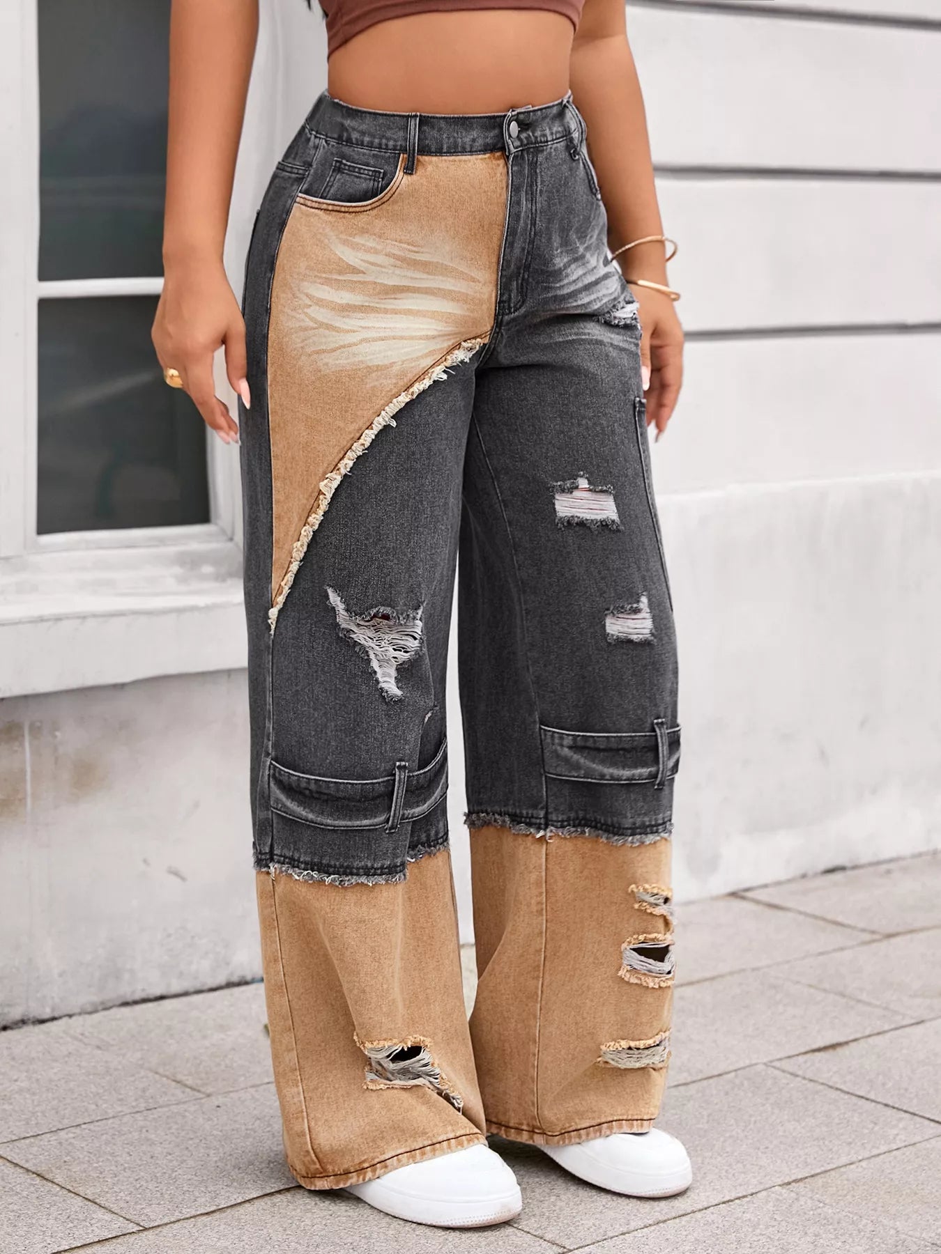 Two-Tone Ripped Wide Leg Jeans Secondary image