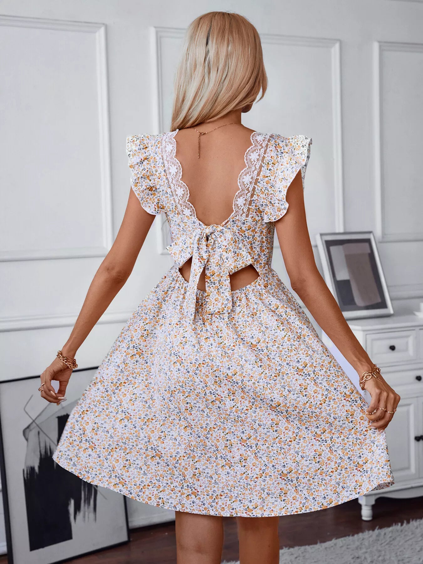 Floral Print Lace Trim Tie Back Mini Dress Secondary image