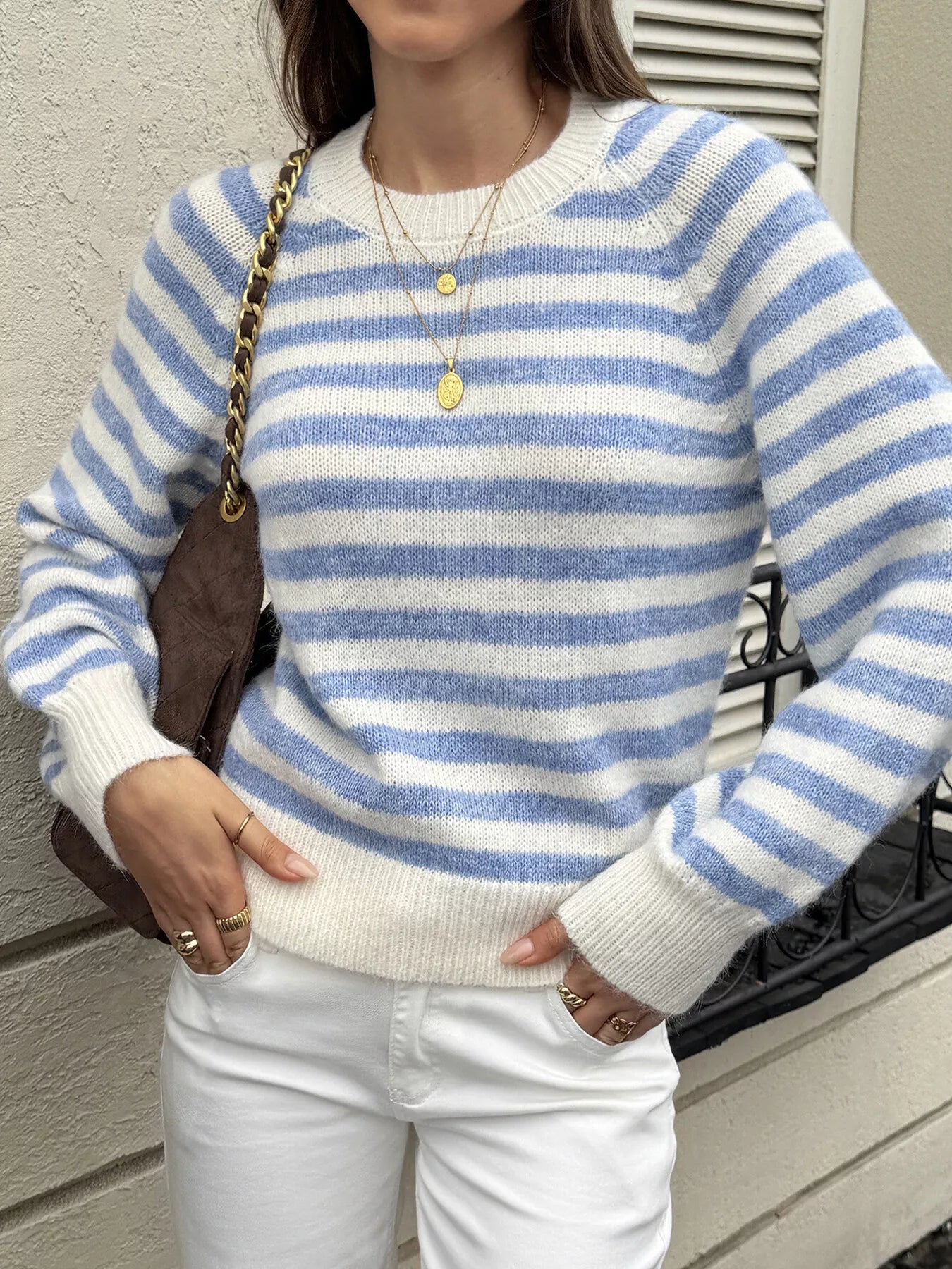 Striped Crew Neck Dropped Shoulder Sweater Secondary image