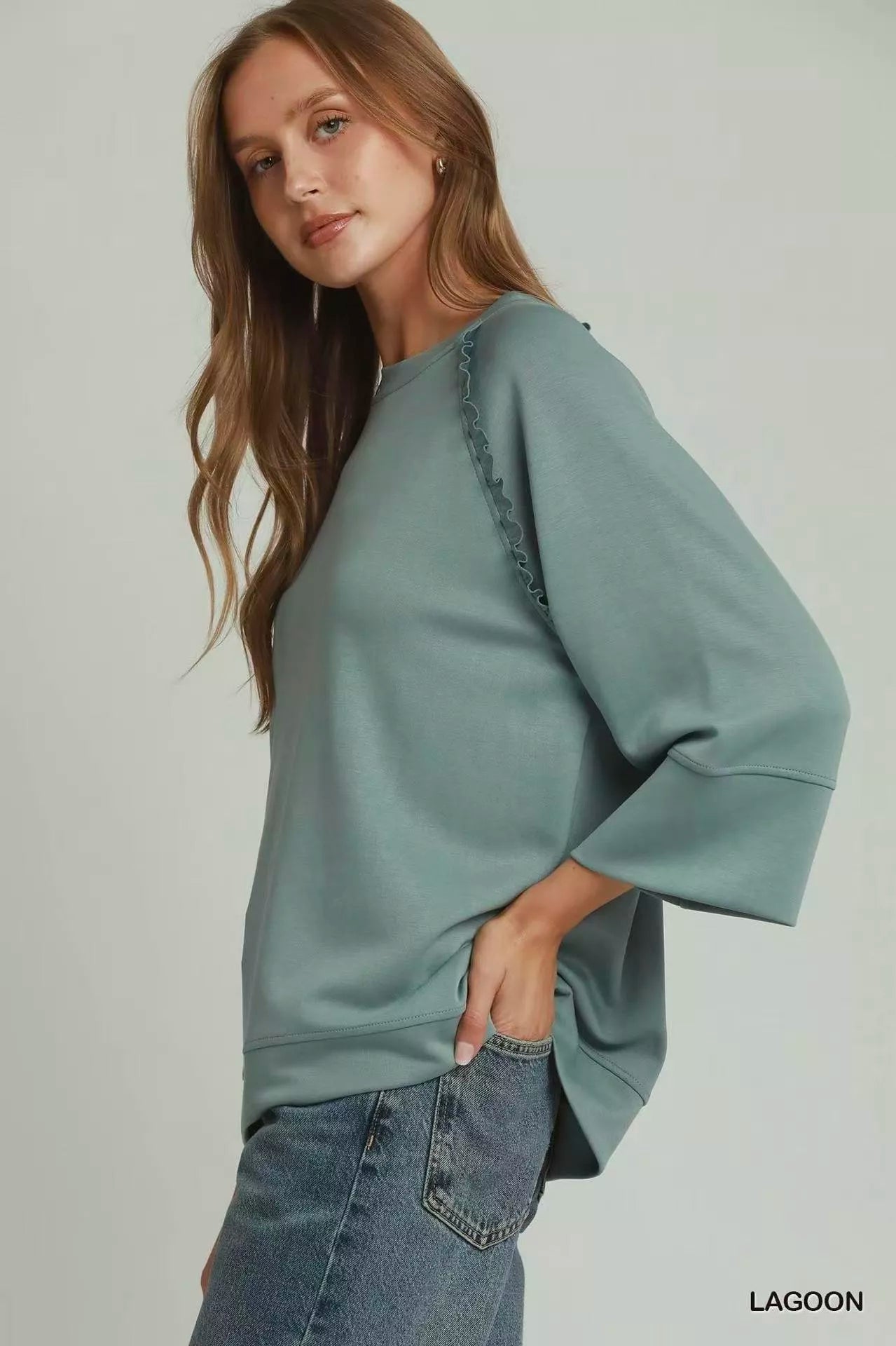 Umgee Ruffle Trim 3/4 Raglan Sleeve Top Secondary image