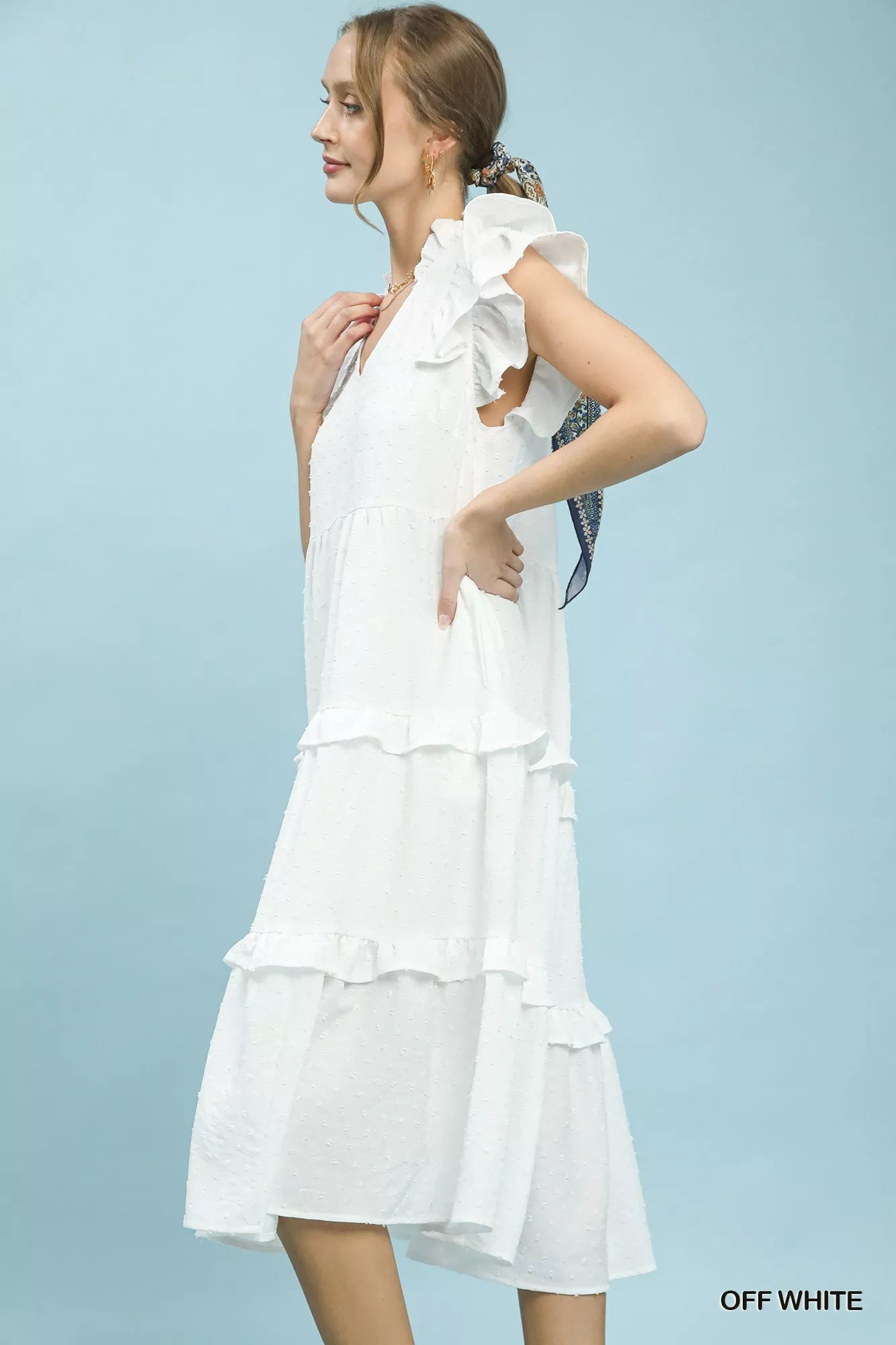 Umgee Textured Ruffle Sleeve Tiered Midi Dress Secondary image