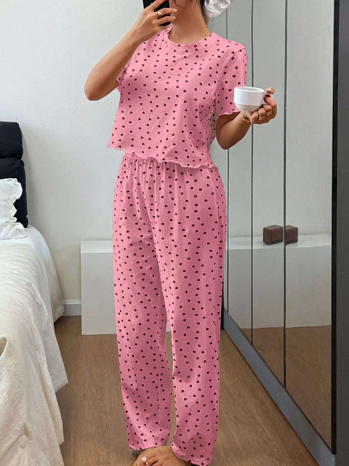 Polka Dot Short Sleeve Top and Shorts Set – White / Pink - photo 5