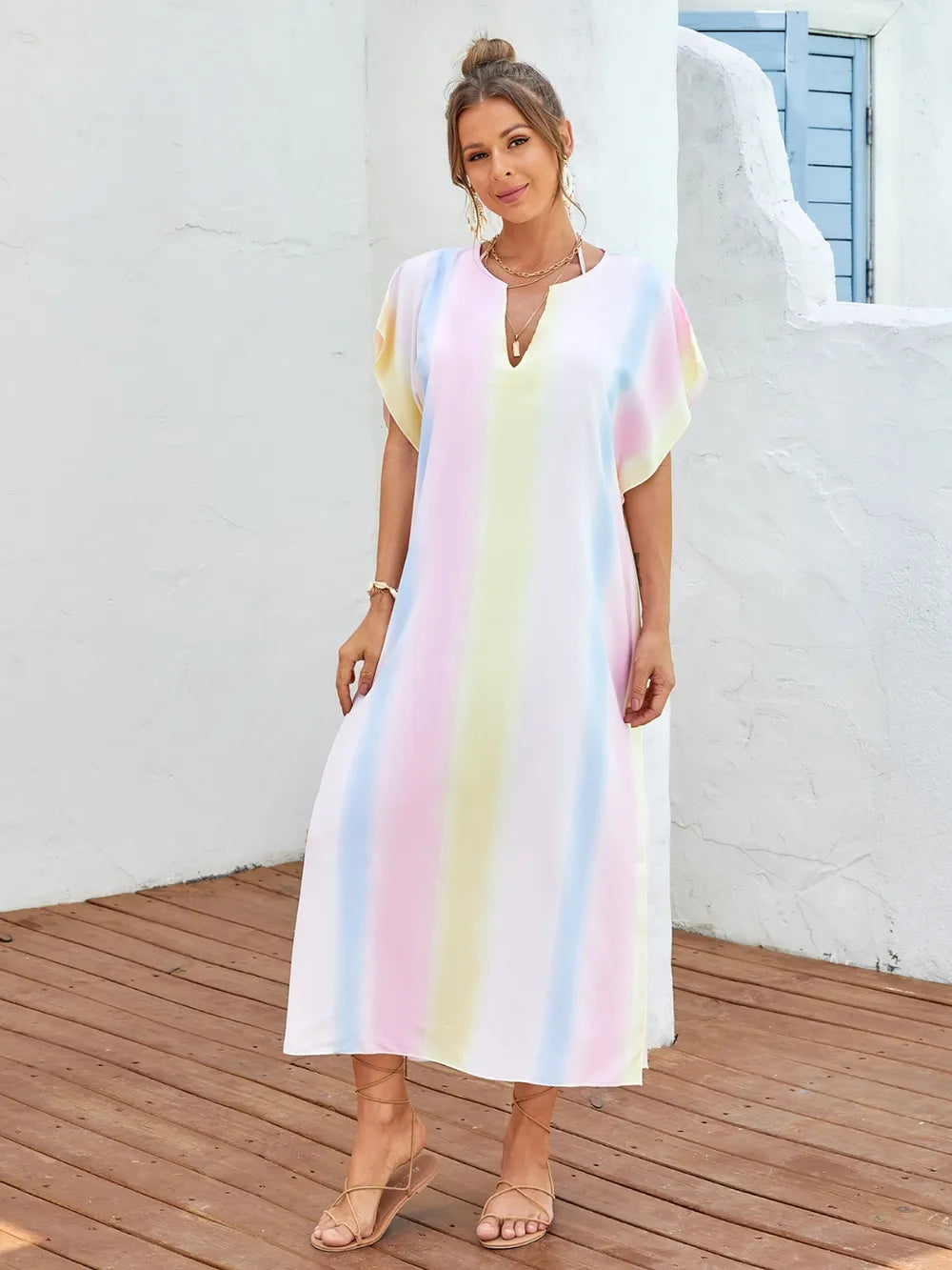 Slit Striped Notched Short Sleeve Cover Up Secondary image