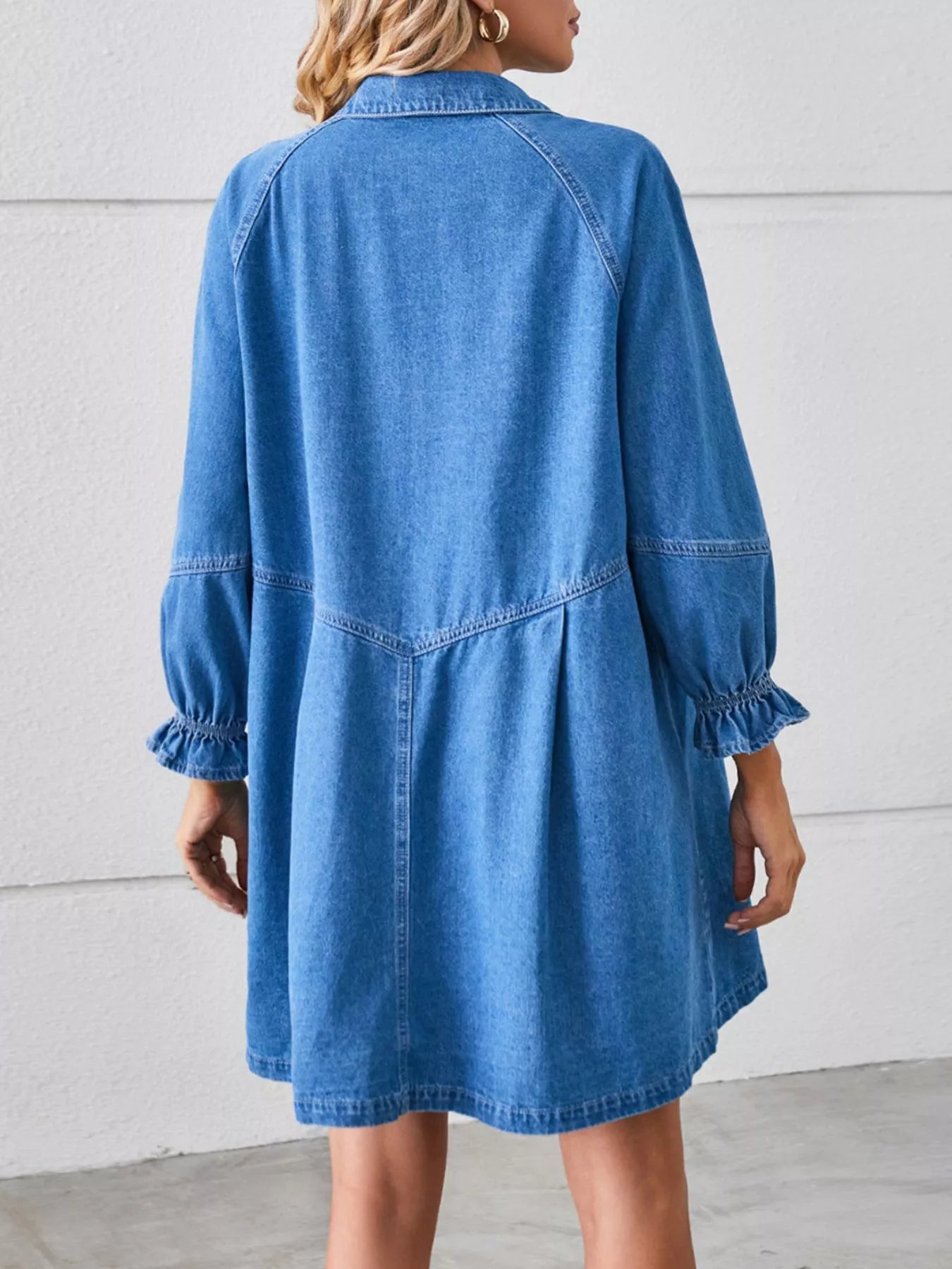 Button-Front Ruffle Cuff Denim Dress Secondary image