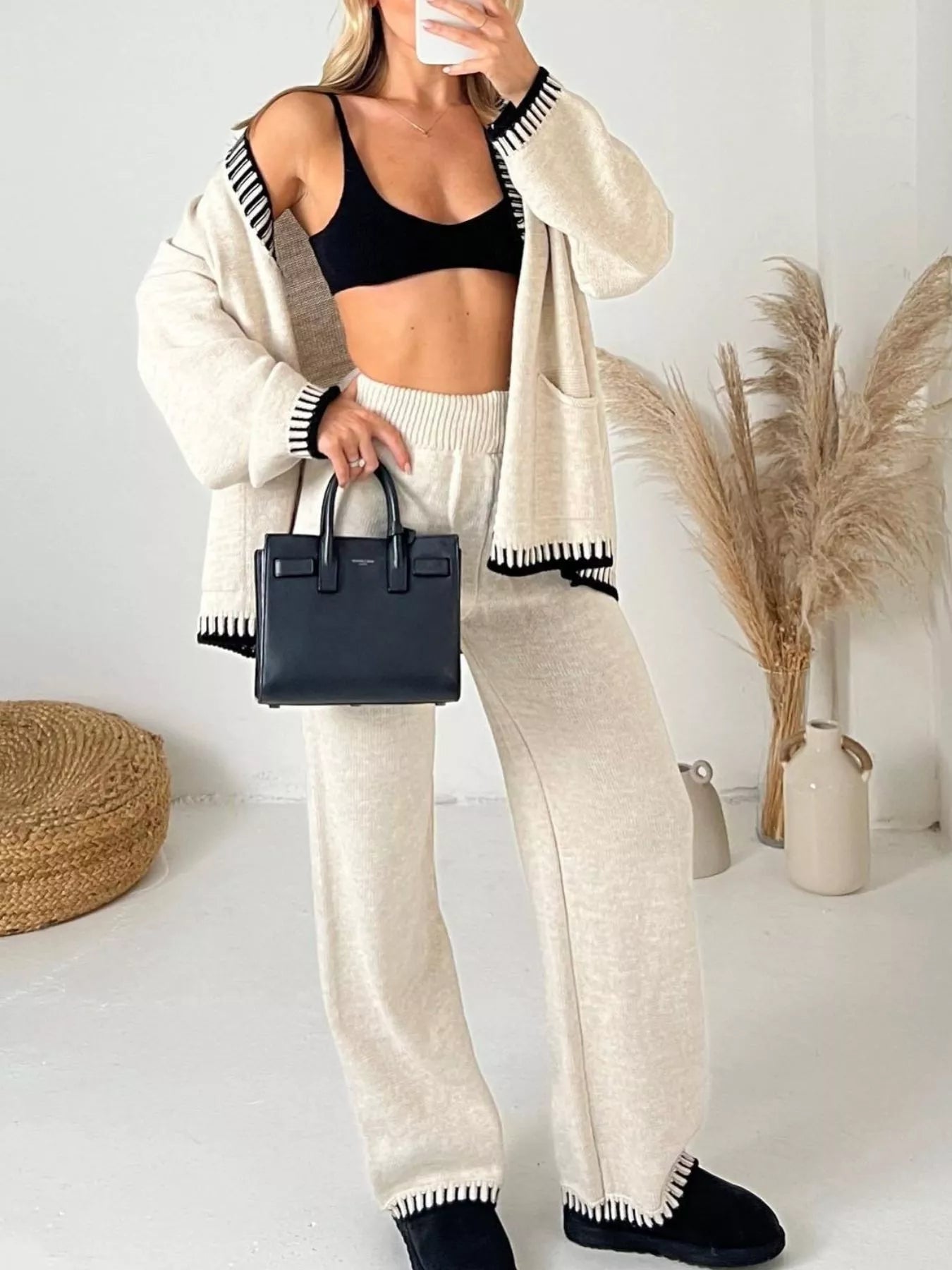 Button Up V-Neck Cardigan and Pants Sweater Set Secondary image