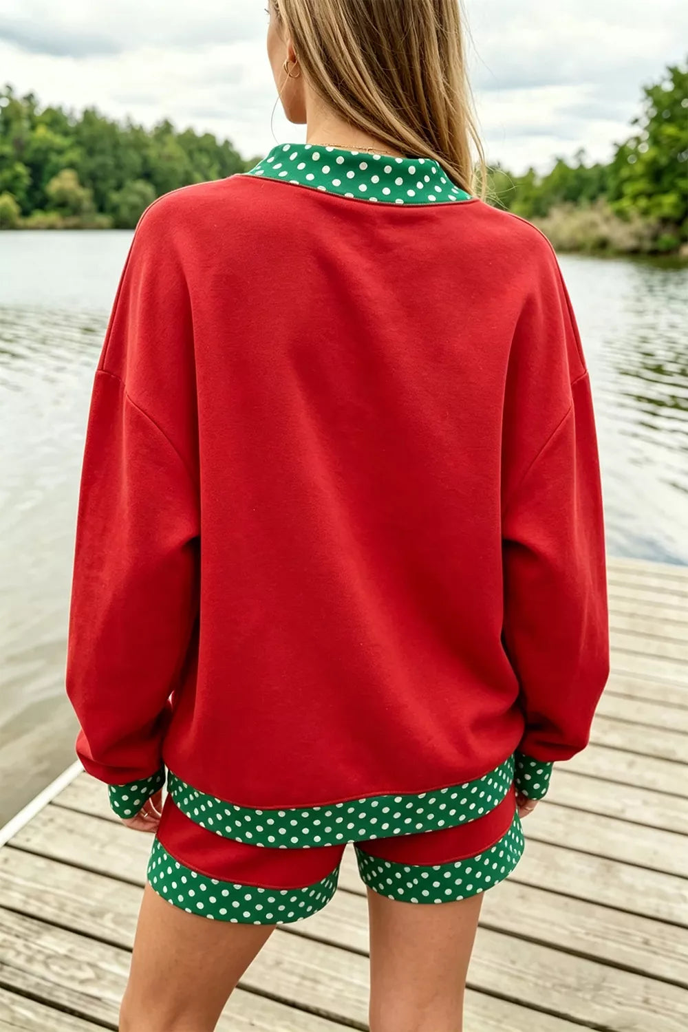 Polka Dot Trim Sweatshirt and Shorts Set Secondary image