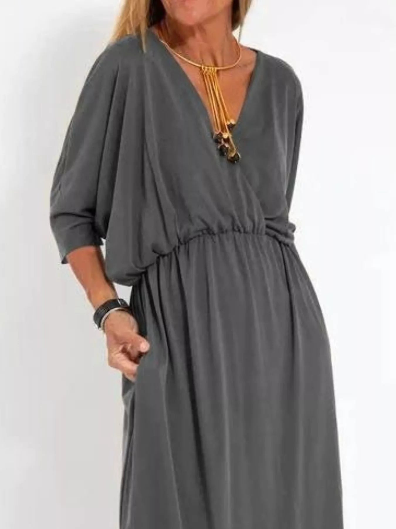 Full Size V-Neck Batwing Sleeve Maxi Dress with Side Slits Plus Size Secondary image