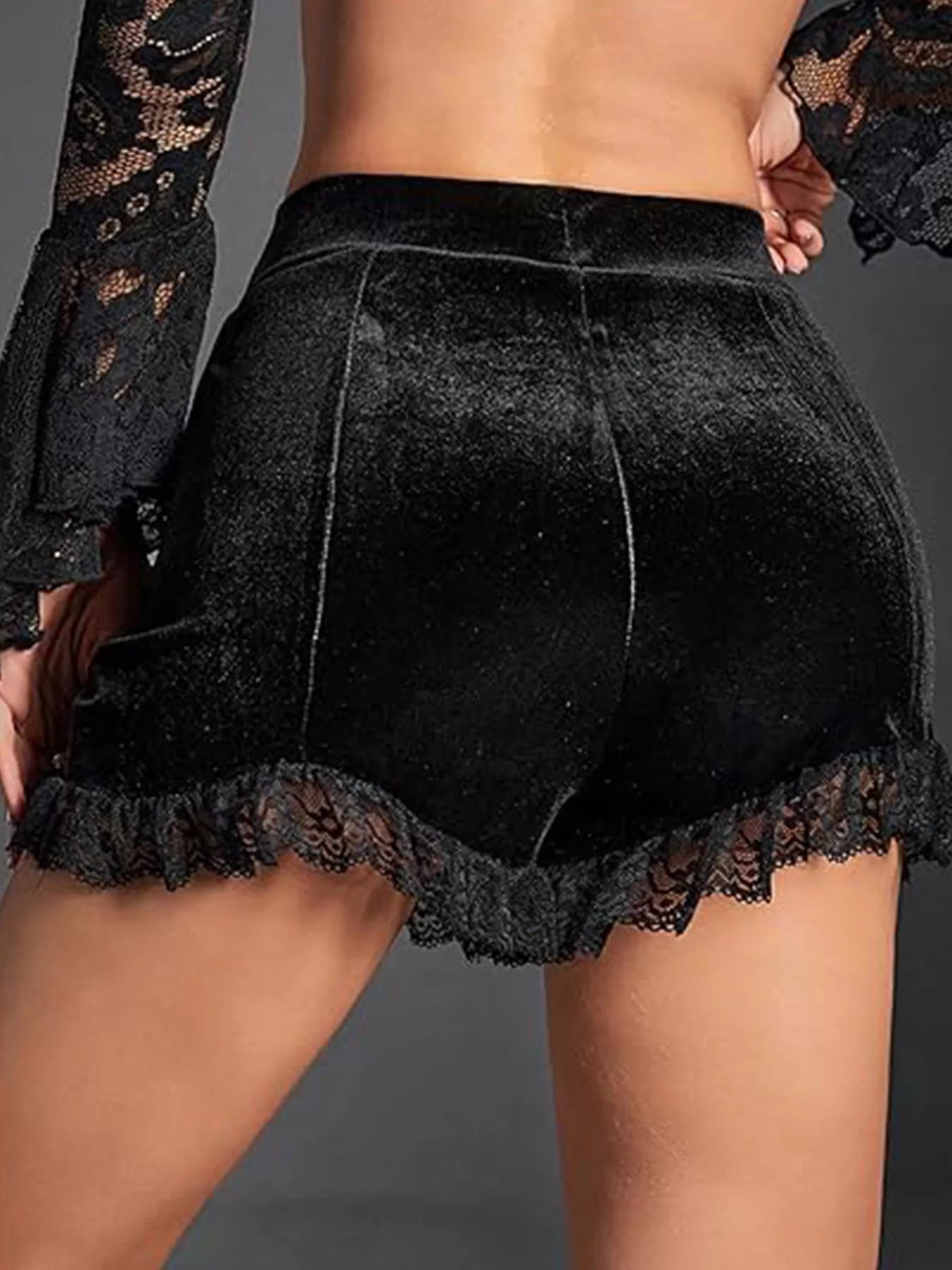 Velvet Ruched Lace Trim Shorts Secondary image