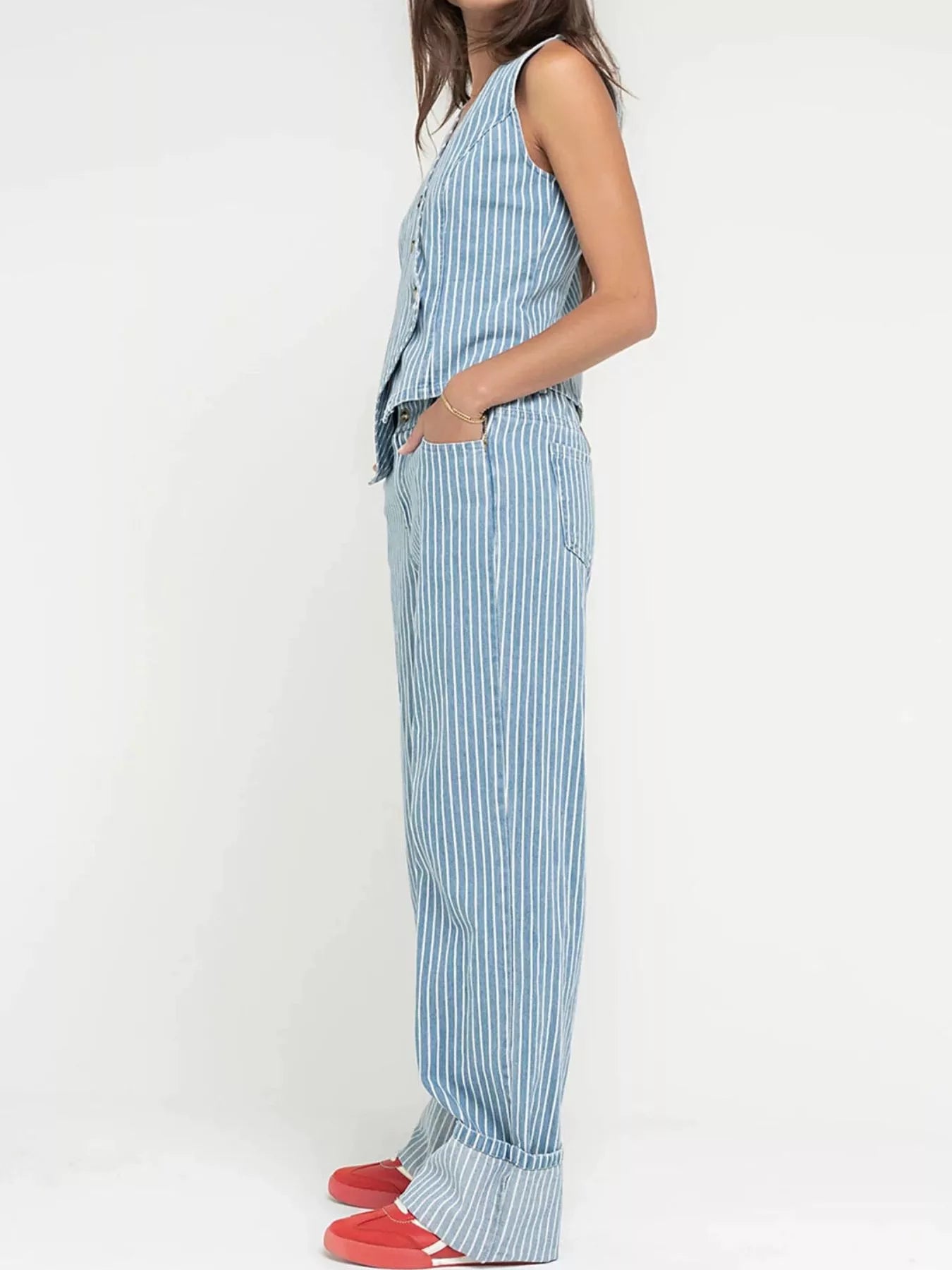 Striped Button Up Sleeveless Top and Jeans Denim Set Secondary image