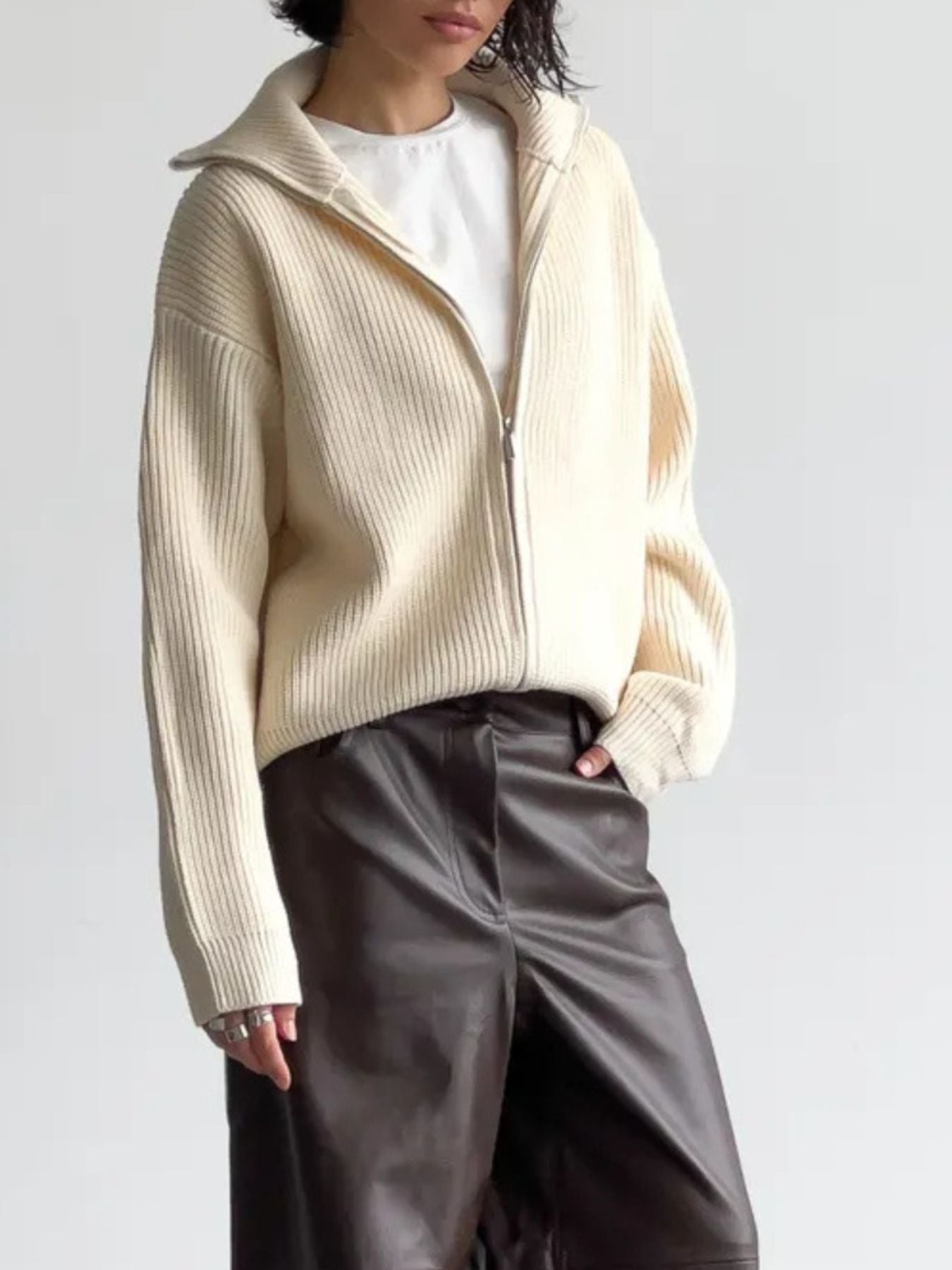 Zip-Up Ribbed Knit Cardigan Secondary image
