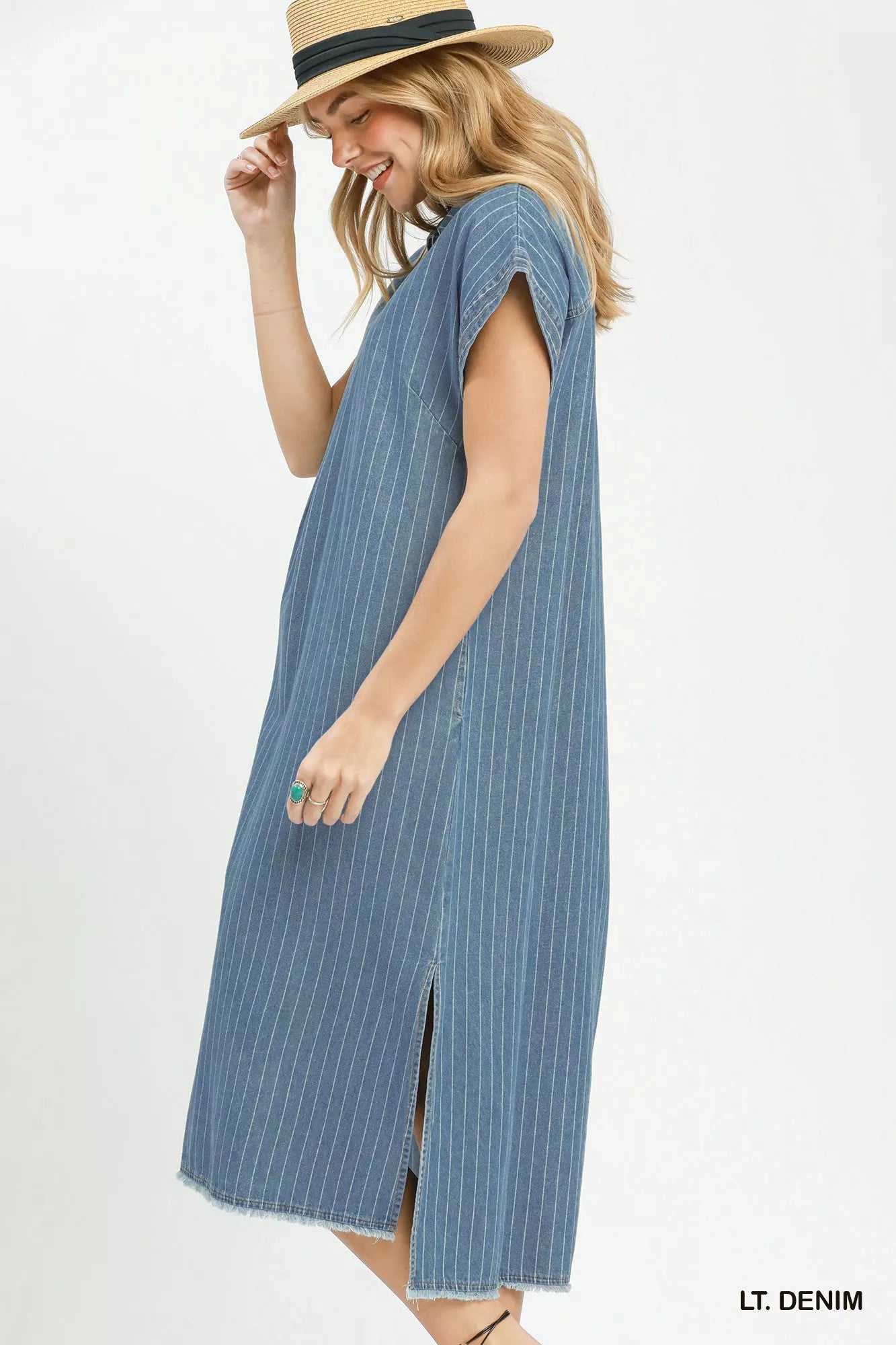 Umgee Pinstripe Denim Collared Midi Dress with Side Slits Secondary image