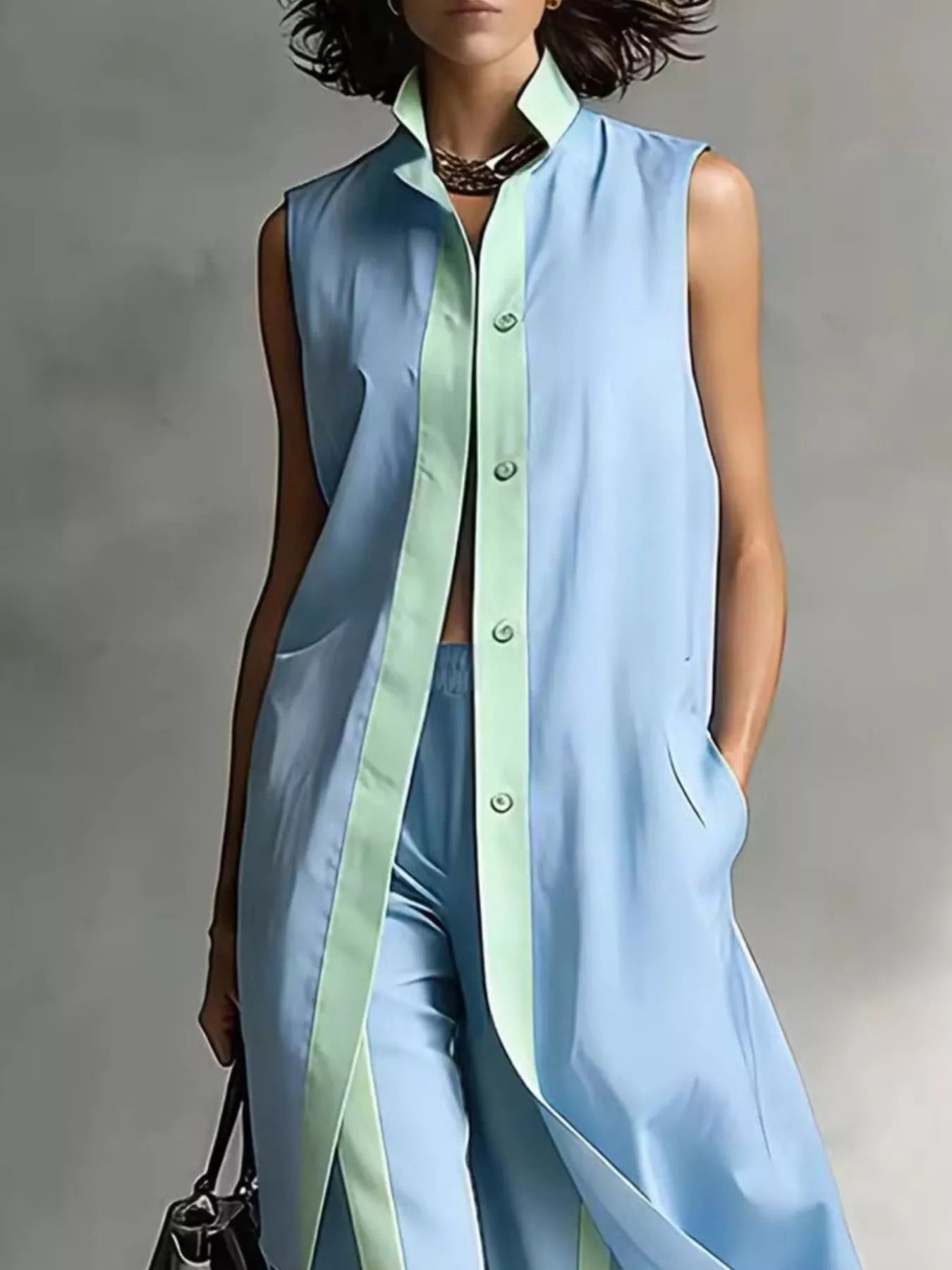 Full Size Sleeveless Longline Vest and Wide‑Leg Pants Set Plus Size Secondary image