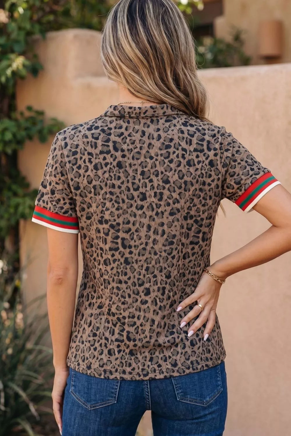 Leopard Jacquard Striped Patchwork Half Zip Short Sleeve Blouse Secondary image