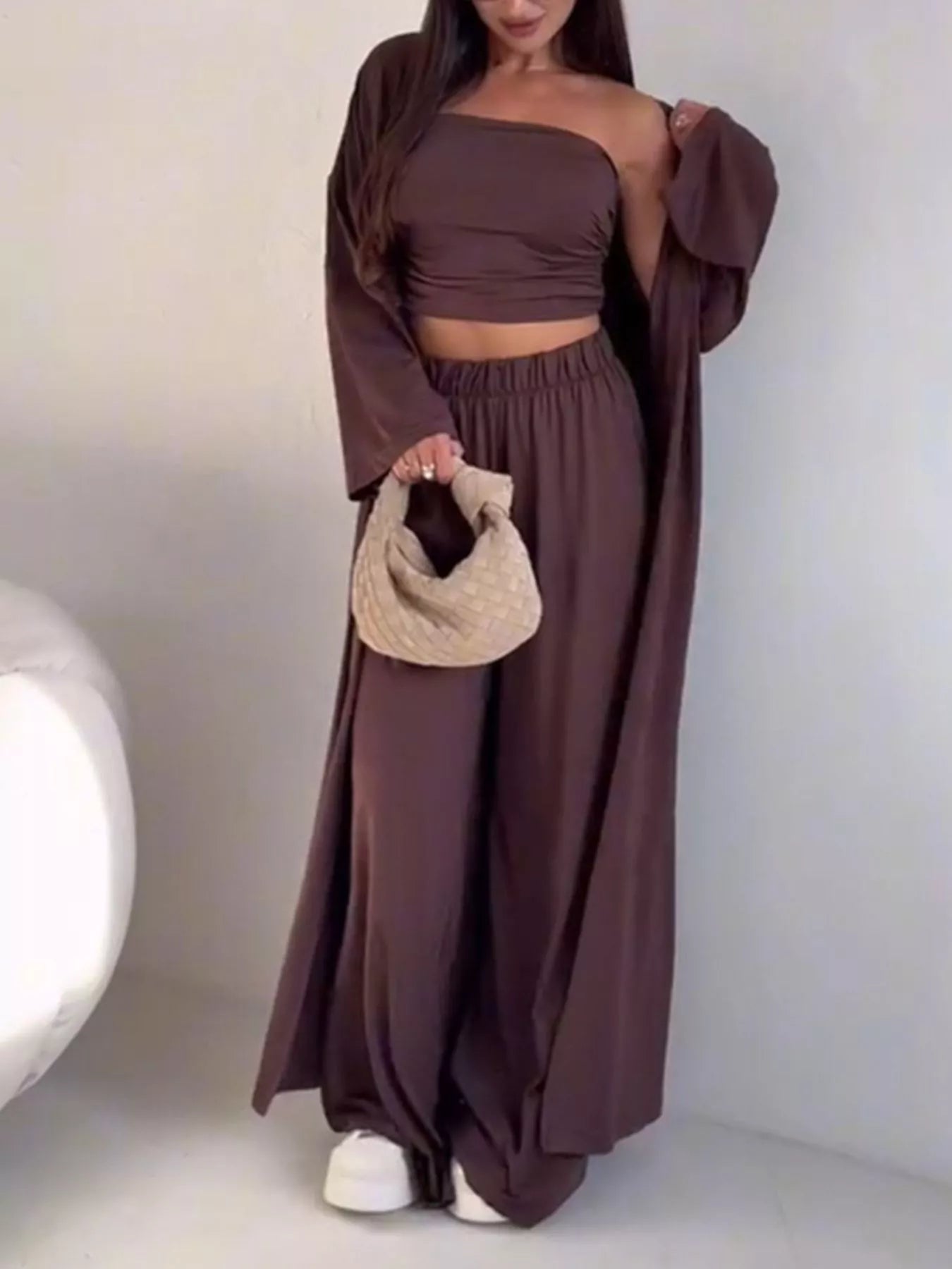 Chic Strapless Ruched Crop Top and Wide-Leg Pants with Cardigan 3-Piece Set Secondary image