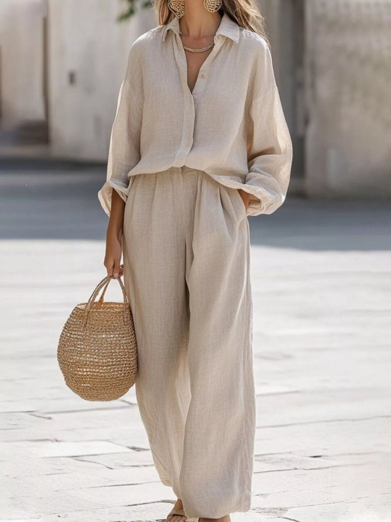 Full Size Loose Fit Shirt and Wide Leg Pants Set Plus Size Secondary image