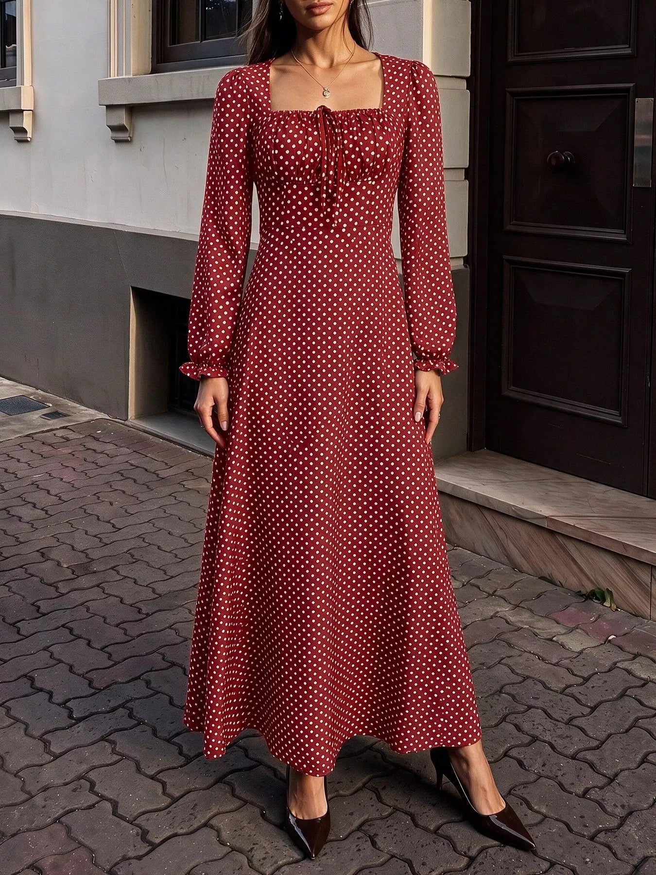 Square Neck Polka Dot Long Sleeve Maxi Dress Secondary image