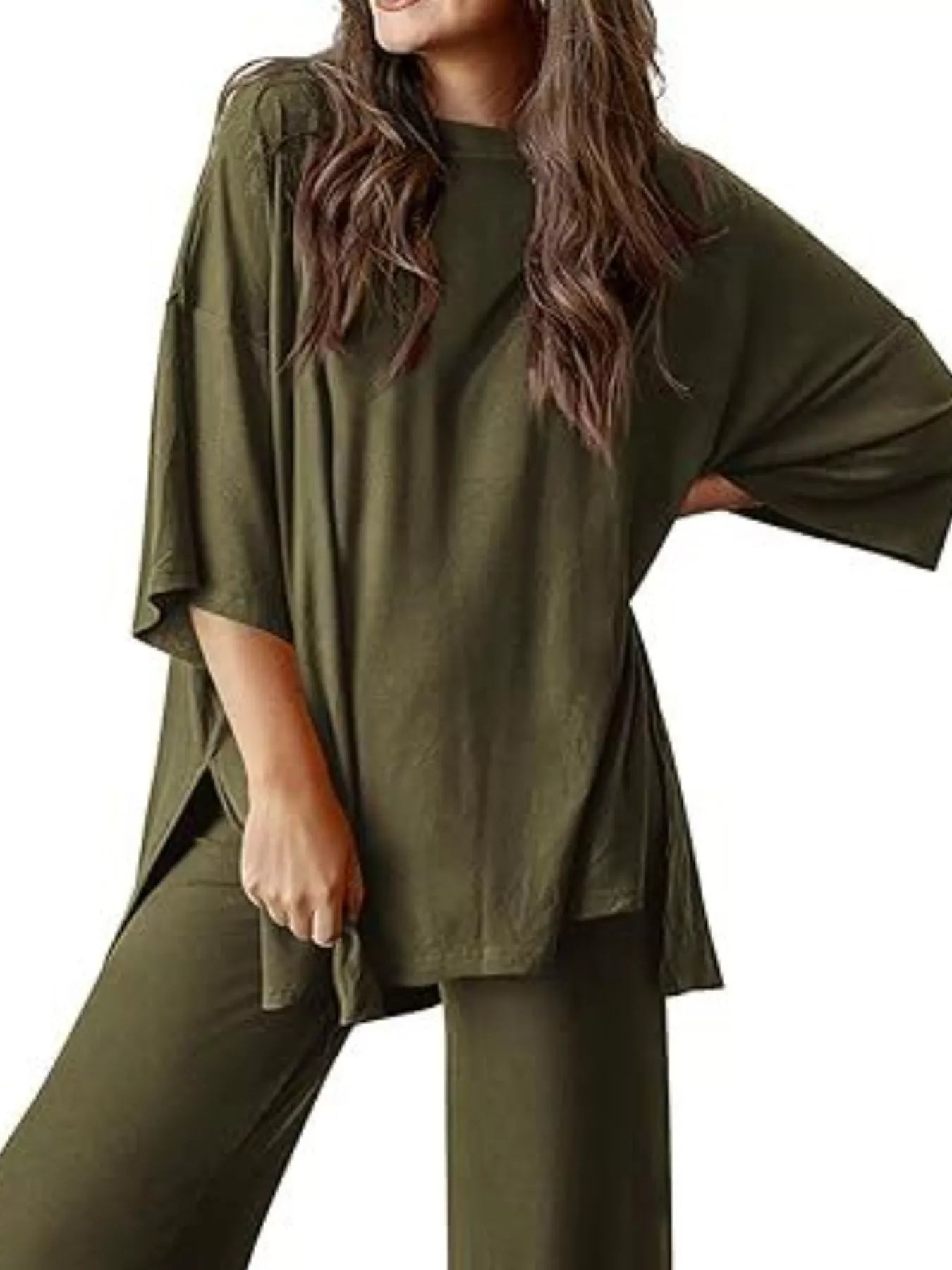 Relaxed Fit Round Neck Top and Pants Two-Piece Set Secondary image