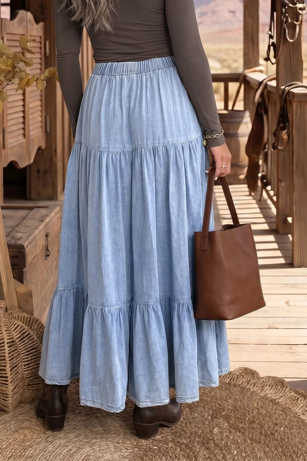 Elastic Waist Ruffled Tiered Flared Denim Maxi Skirt Secondary image
