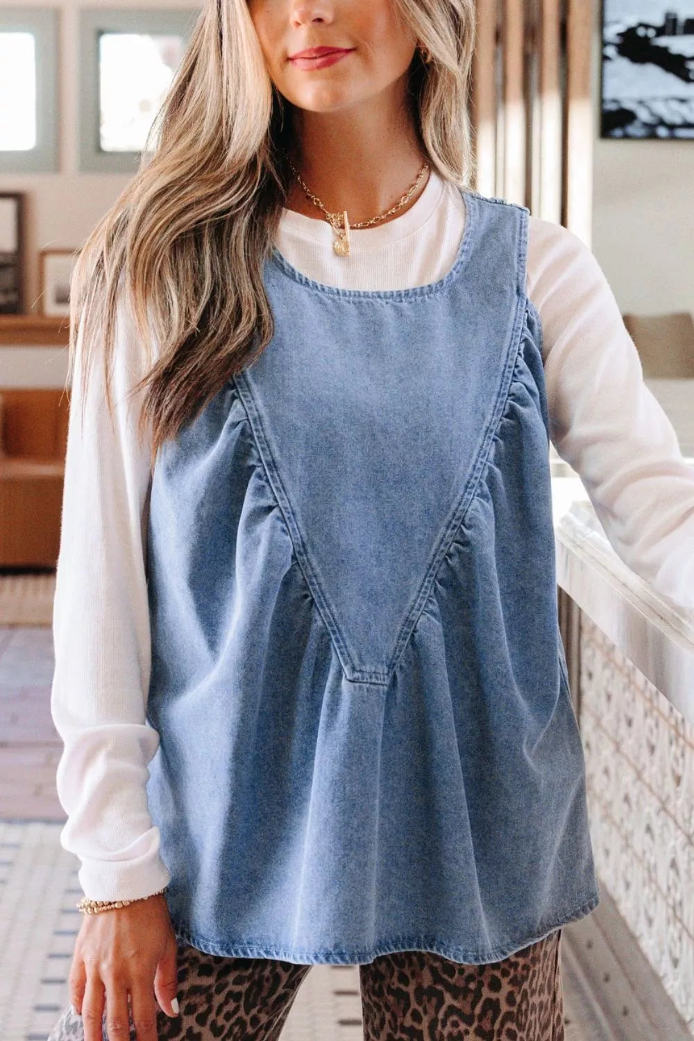 Denim Pleated Patchwork Sleeveless Top Secondary image