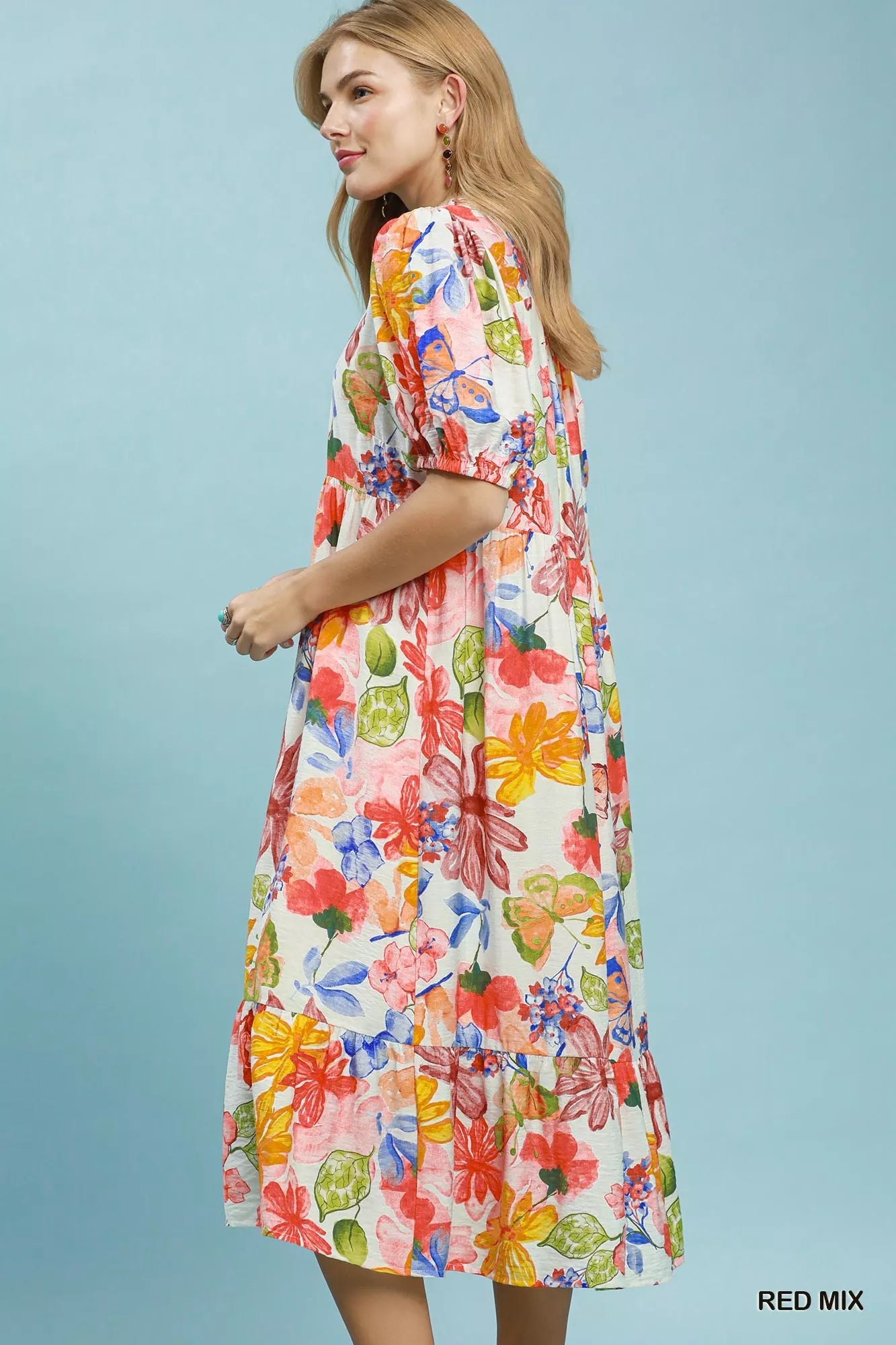 Umgee Watercolor Floral Tiered Midi Dress Secondary image