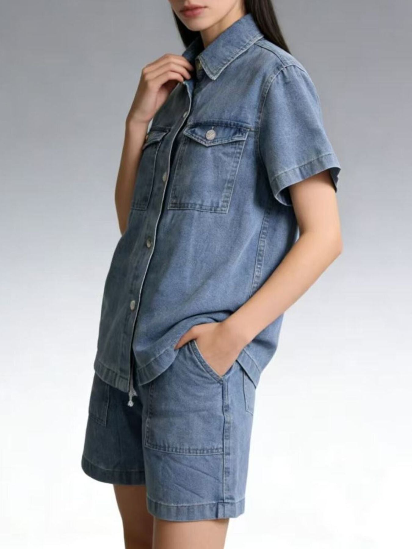 Button Up Short Sleeve Top and Shorts Denim Set Secondary image