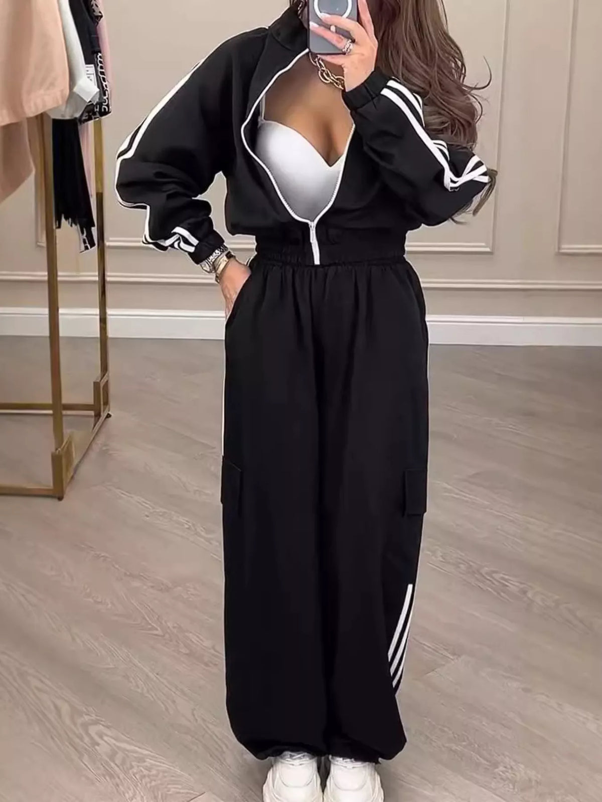 Full Size Side Striped Zip Up Outerwear and Pants Set Plus Size - photo 4