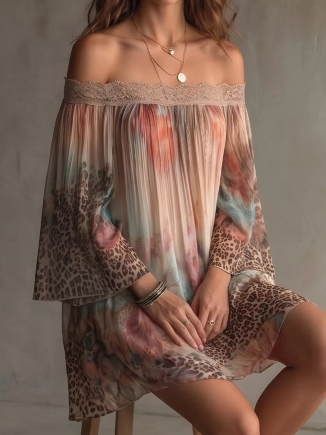 Off-Shoulder Lace-Trimmed Floral and Leopard Print Mini Dress Secondary image