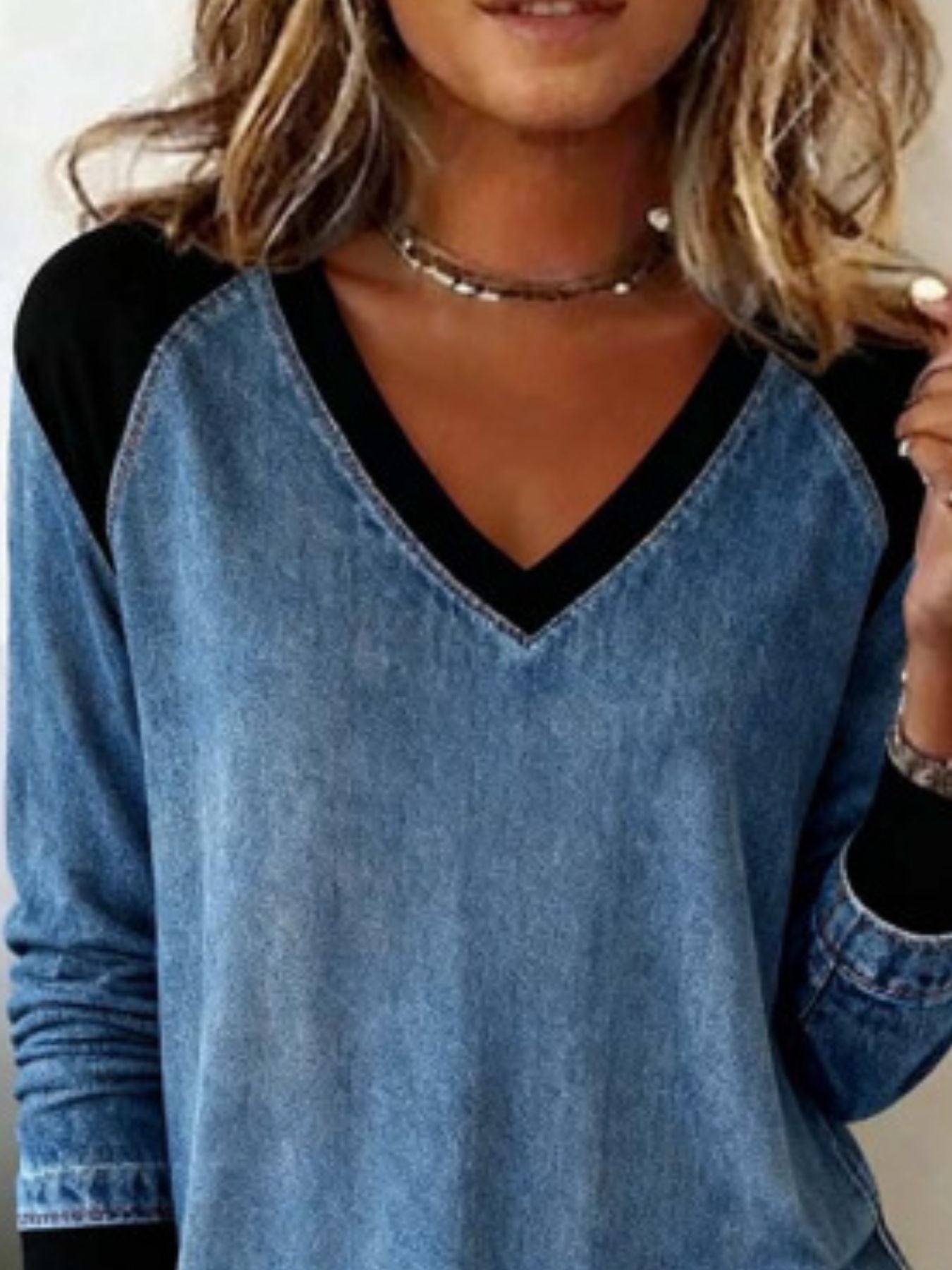 Full Size Patchwork V-Neck Long Sleeve Blouse Plus Size Secondary image