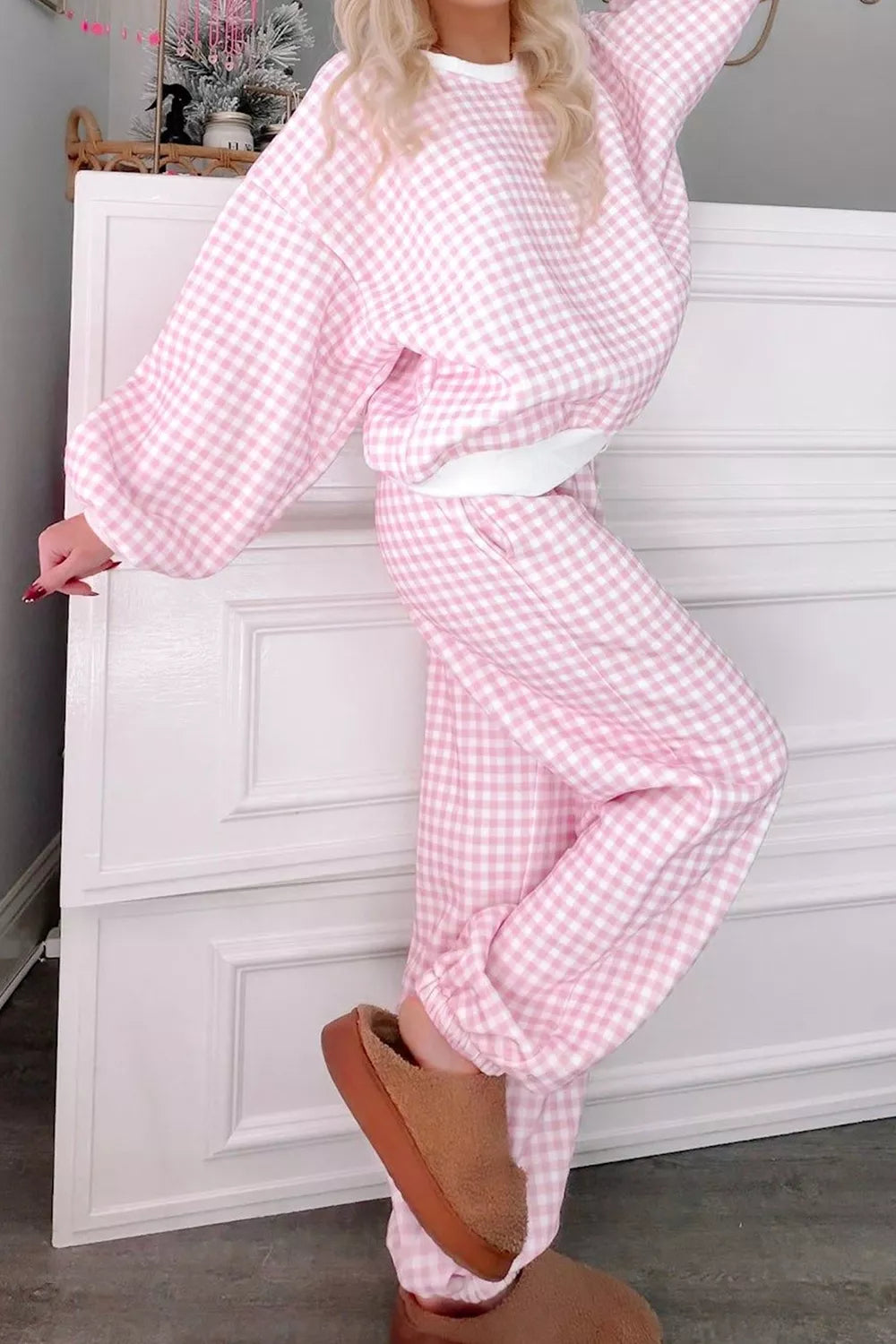 Gingham Round Neck Top and Pants Set Secondary image