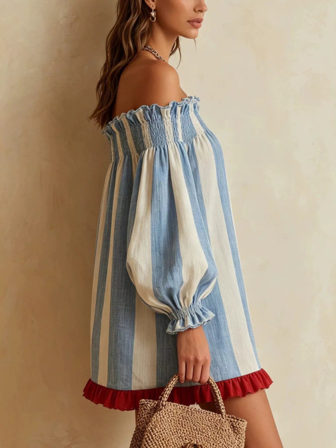 Off-Shoulder Striped Ruffle Hem Mini Dress Secondary image
