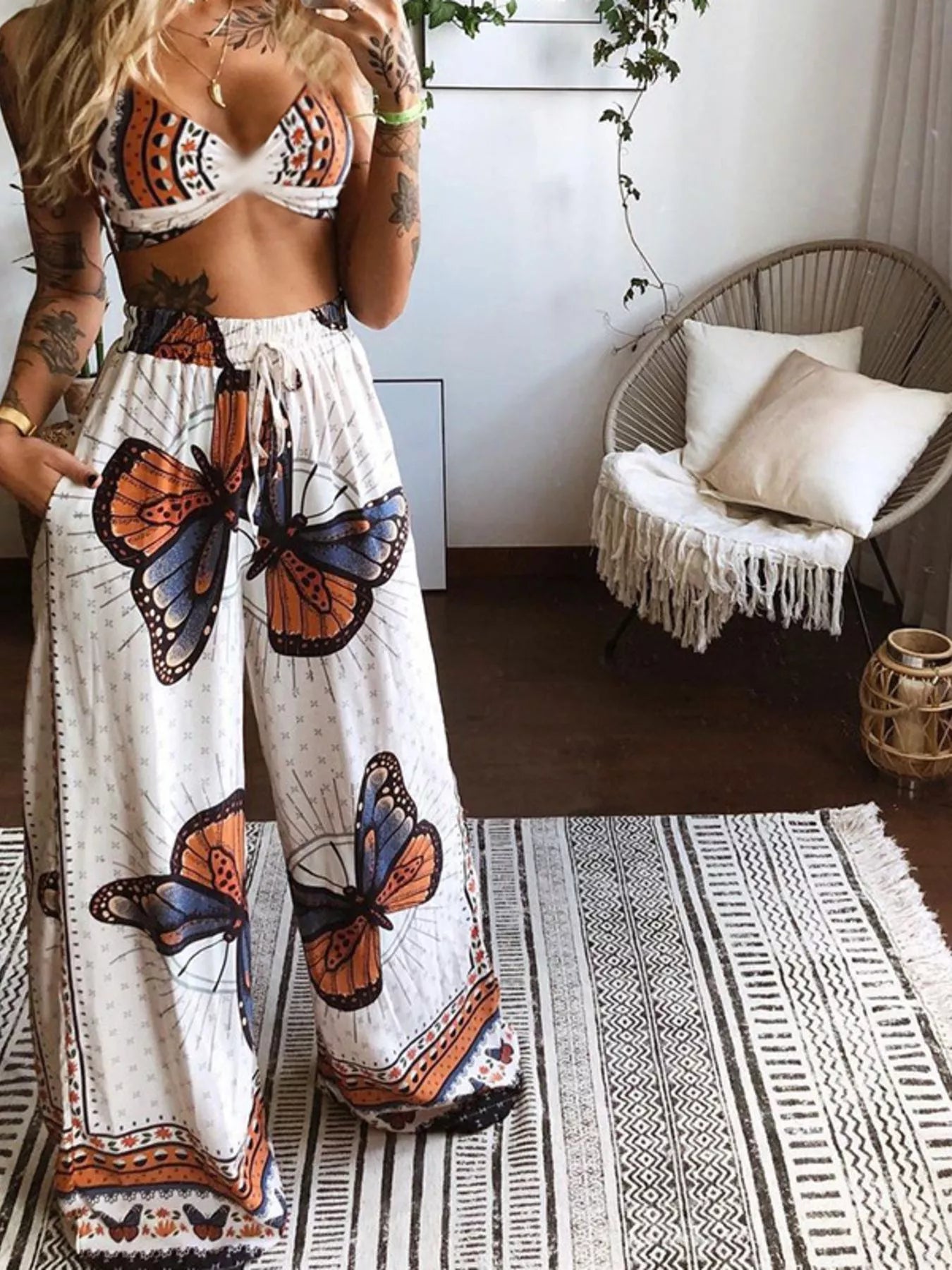 Boho Butterfly Print Top and Pants Set Secondary image