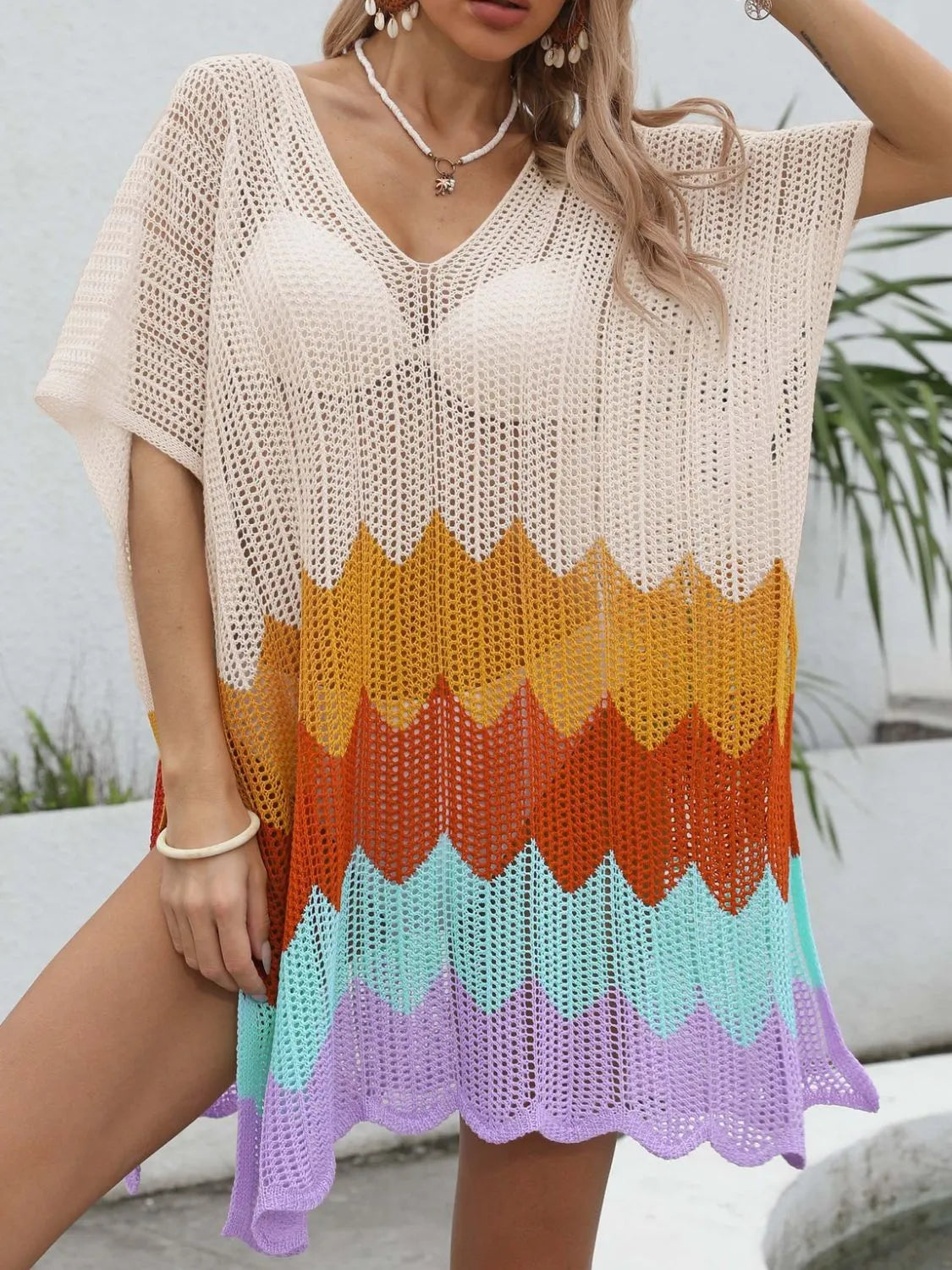 Openwork V-Neck Half Sleeve Cover-Up Secondary image