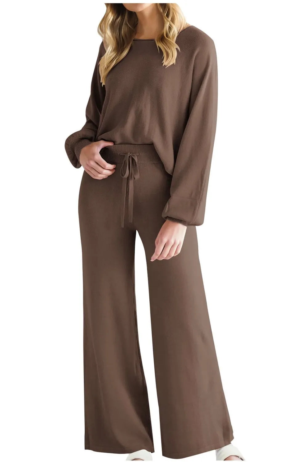 Round Neck Long Sleeve Top and Pants Set Secondary image