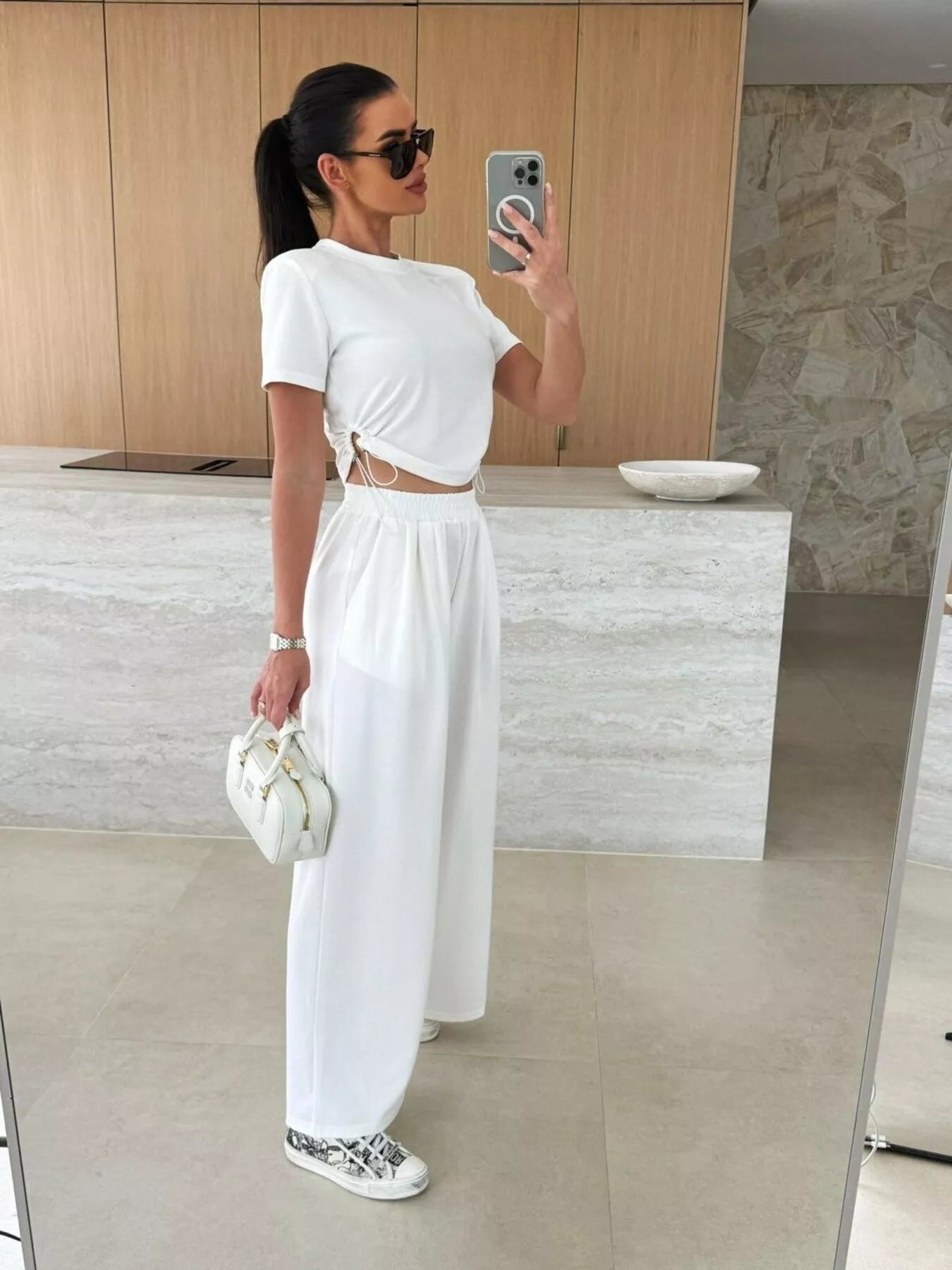 Drawstring Crop Top and Wide-Leg Pants Set Secondary image