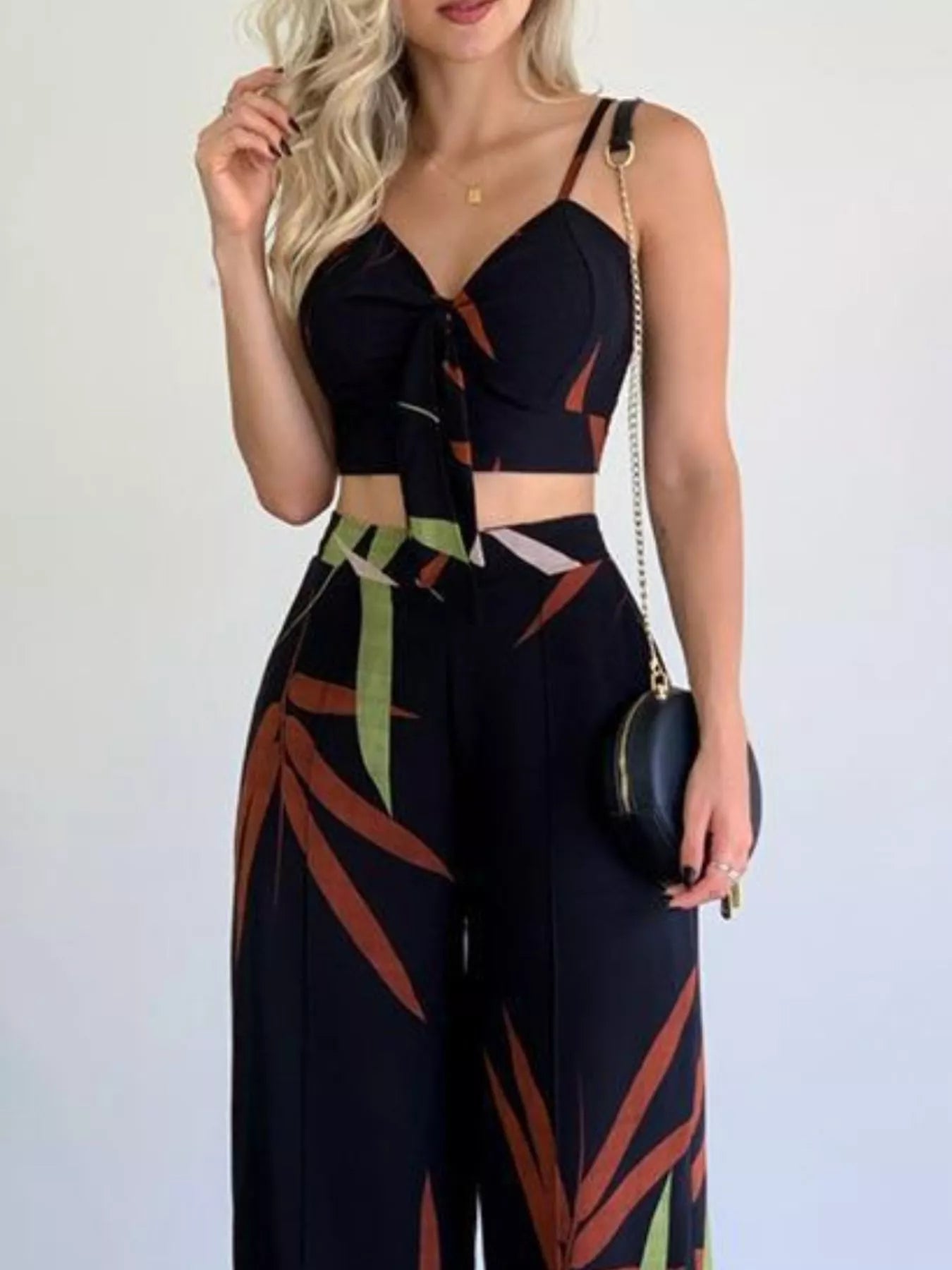 Tropical Print Spaghetti Strap Crop Top and Wide Leg Pants Set Secondary image