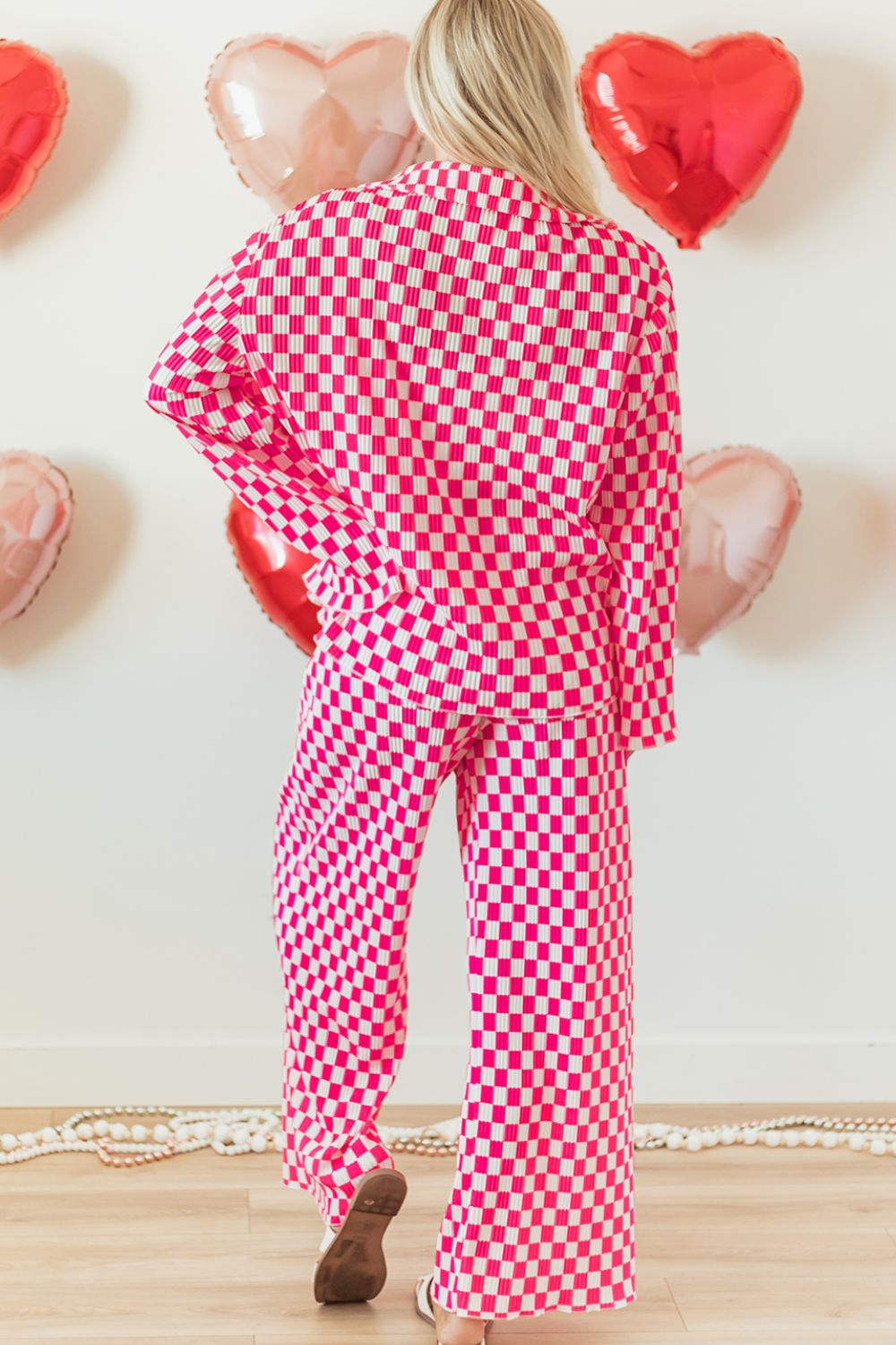 Checkerboard Print Long Sleeve Top and Pants Set Secondary image