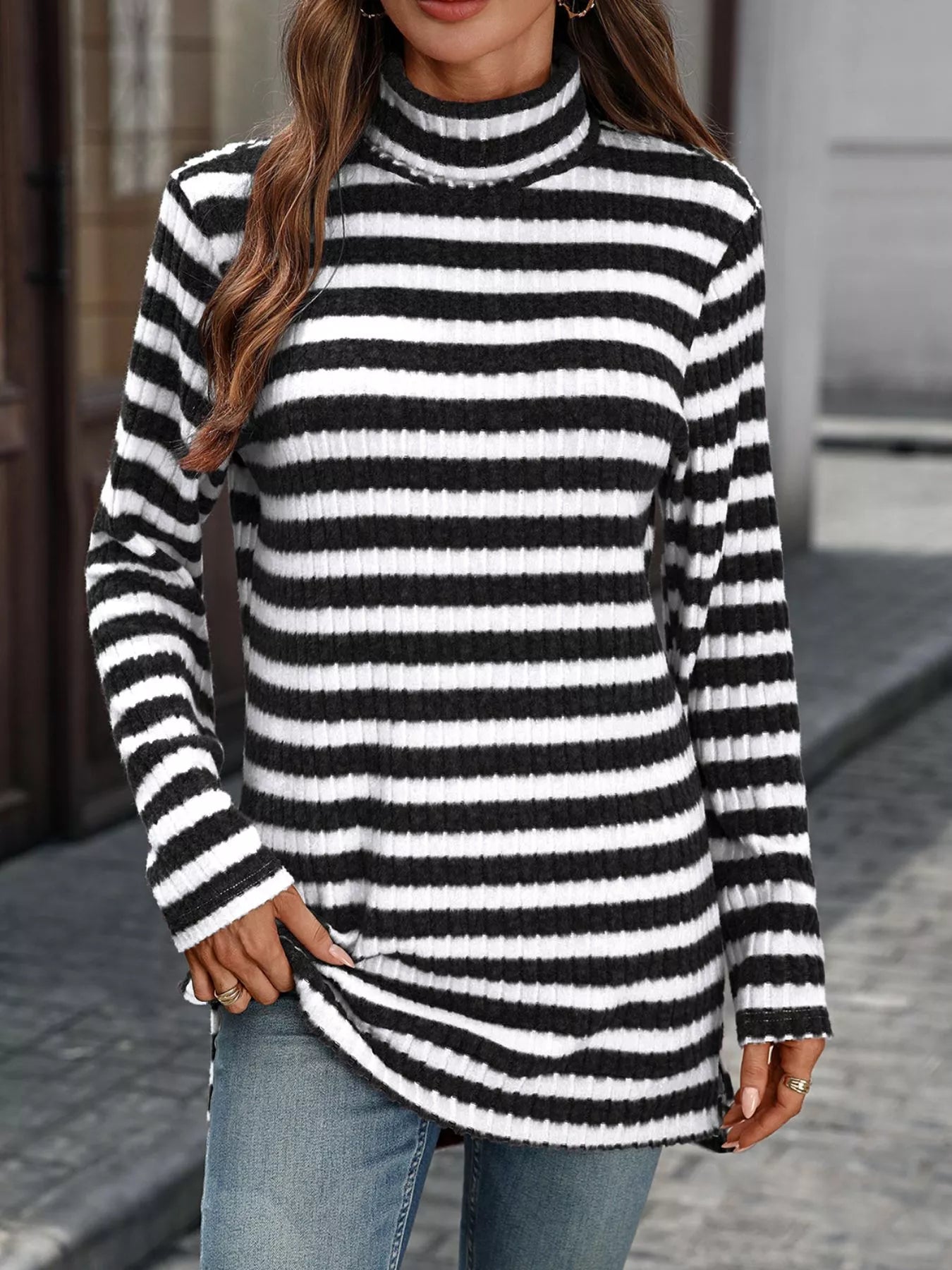 Striped Ribbed Knit Turtleneck Long Sleeve T-Shirt Secondary image
