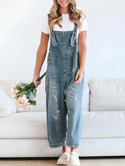 Distressed Wide Leg Denim Overalls – Dark Blue / Black