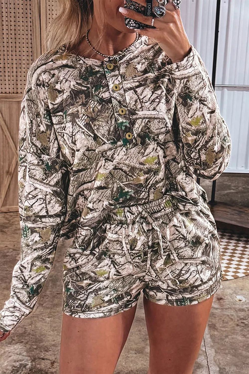 Camo Long Sleeve Top Elastic Waist Shorts Two Piece Set - photo 3