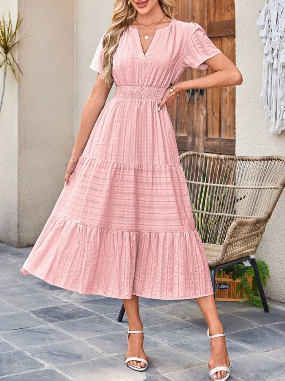 Tiered Notched Short Sleeve Dress Secondary image