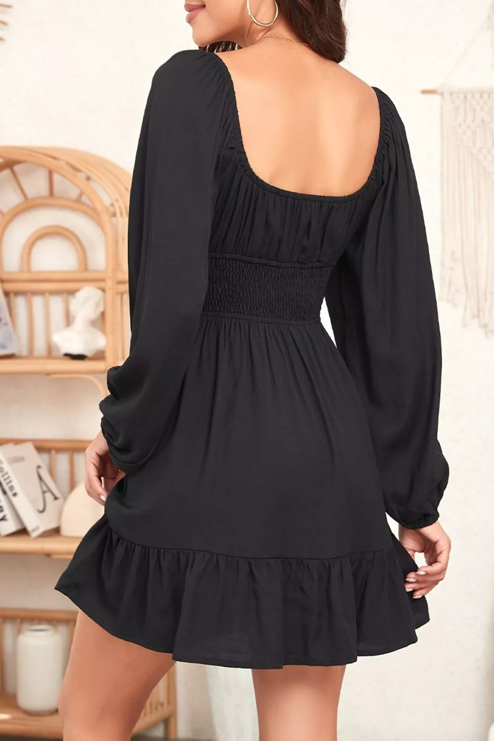 Solid Color Long Sleeve Shirred Drawstring Ruffle Mini Dress Secondary image