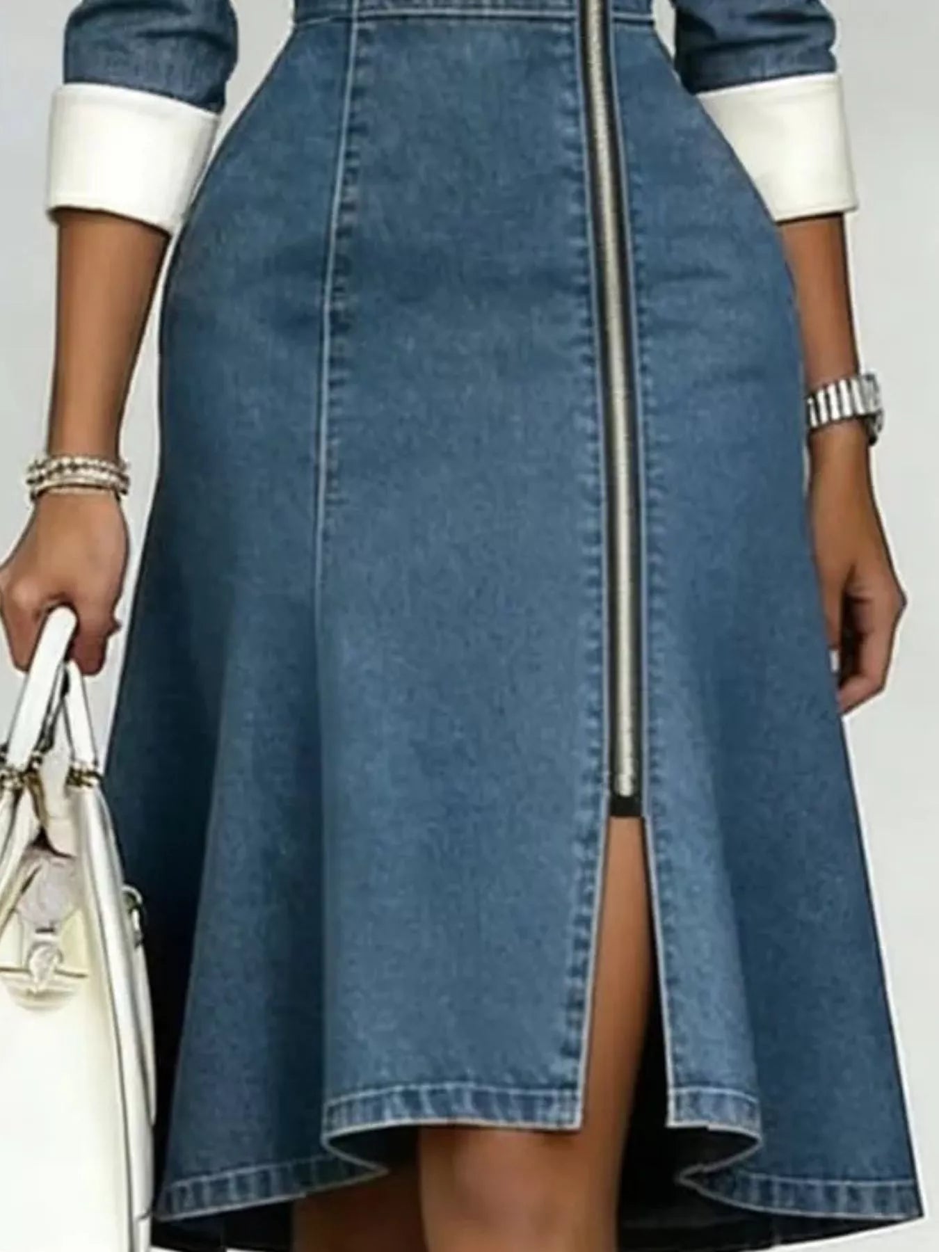 Full Size Contrast Lapel Zip-Front Denim Dress Plus Size Secondary image