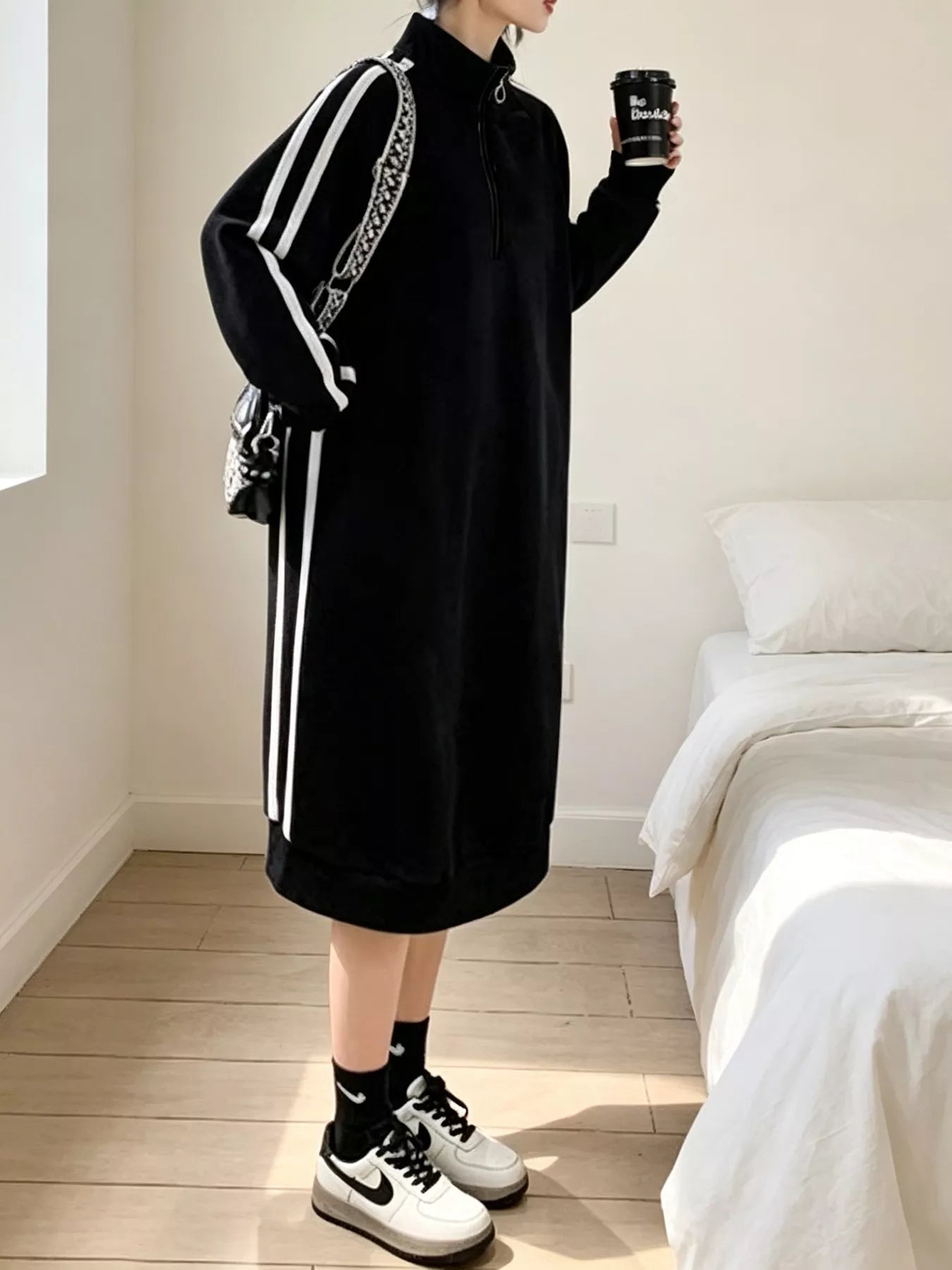 Casual Quarter‑Zip Mock Neck Side Stripe Midi Sweatshirt Dress Secondary image